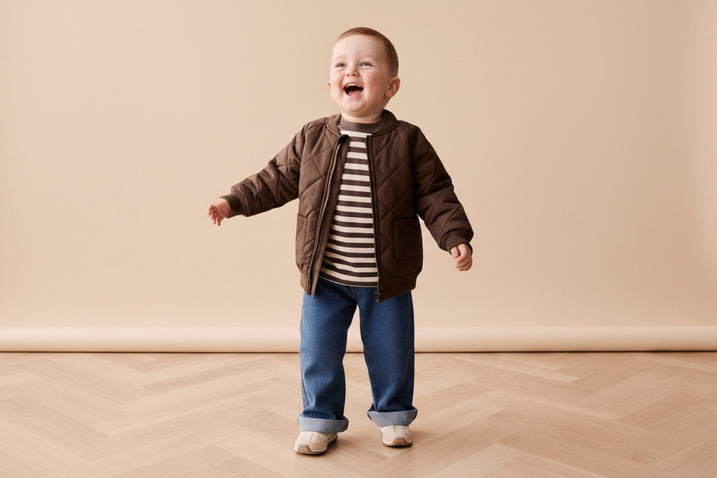 Veste en coton recyclé, coloris marron foncé, doublure chaude, pour le jeu en extérieur des enfants de 1 à 8 ans