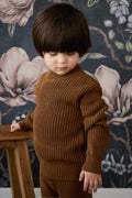 Pull en coton uni tricoté bronze d'automne chaud avec poignets côtelés et col ras du cou pour enfants de 0 mois à 6 ans