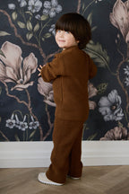 Pantalon en coton tricoté uni bronze automnal douillet avec taille élastiquée et lien décoratif pour enfants de 0 à 8 ans