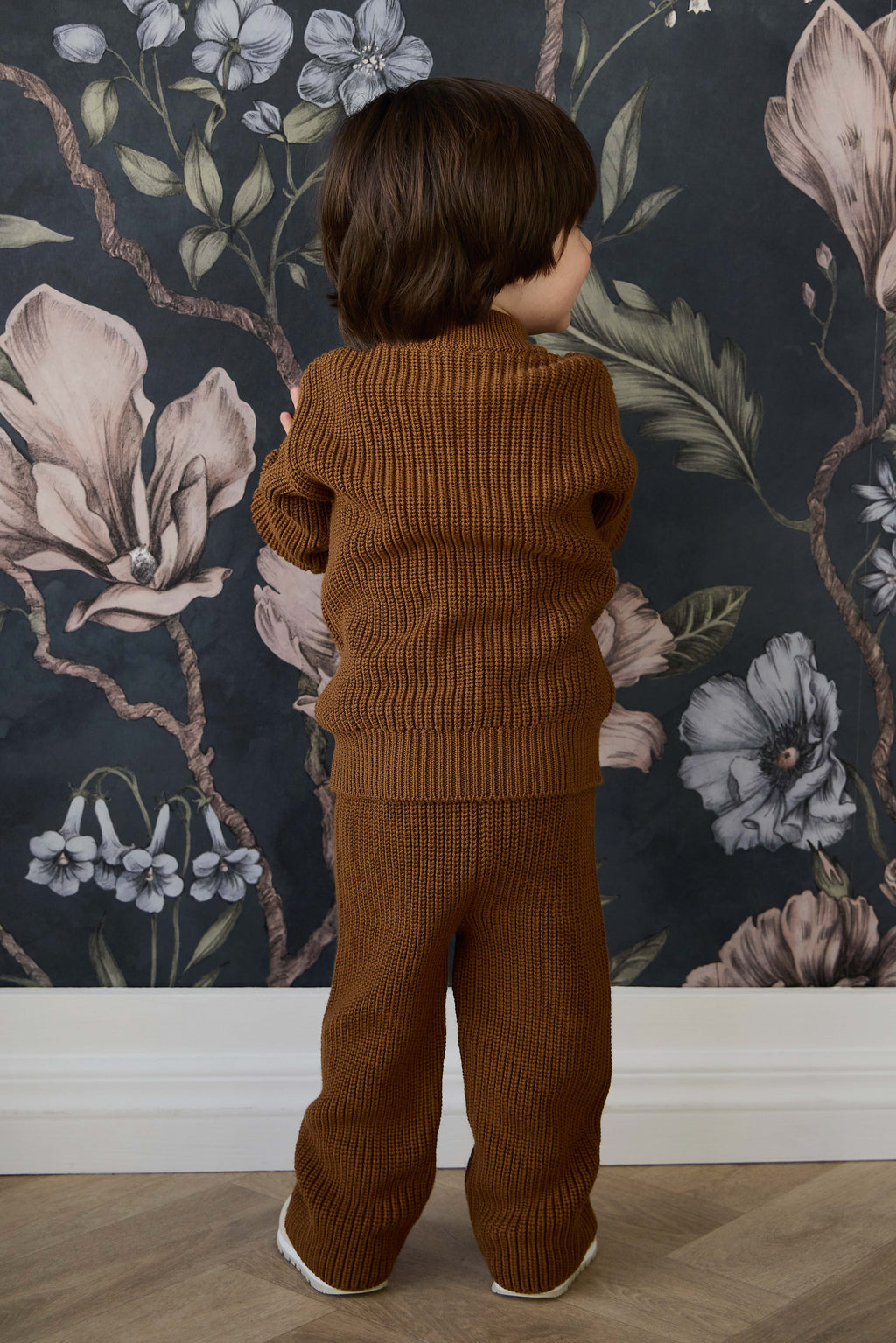 Pull en coton uni tricoté bronze d'automne chaud avec poignets côtelés et col ras du cou pour enfants de 0 mois à 6 ans