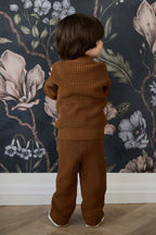 Pantalon en coton tricoté uni bronze automnal douillet avec taille élastiquée et lien décoratif pour enfants de 0 à 8 ans