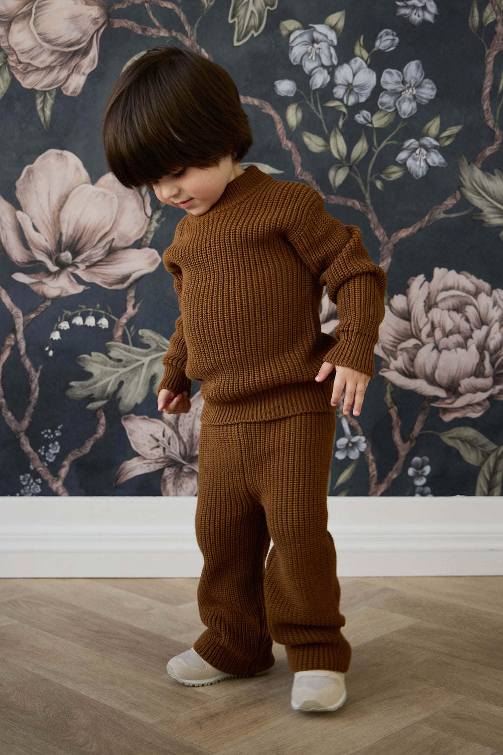 Pantalon en coton tricoté uni bronze automnal douillet avec taille élastiquée et lien décoratif pour enfants de 0 à 8 ans
