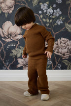 Pantalon en coton tricoté uni bronze automnal douillet avec taille élastiquée et lien décoratif pour enfants de 0 à 8 ans