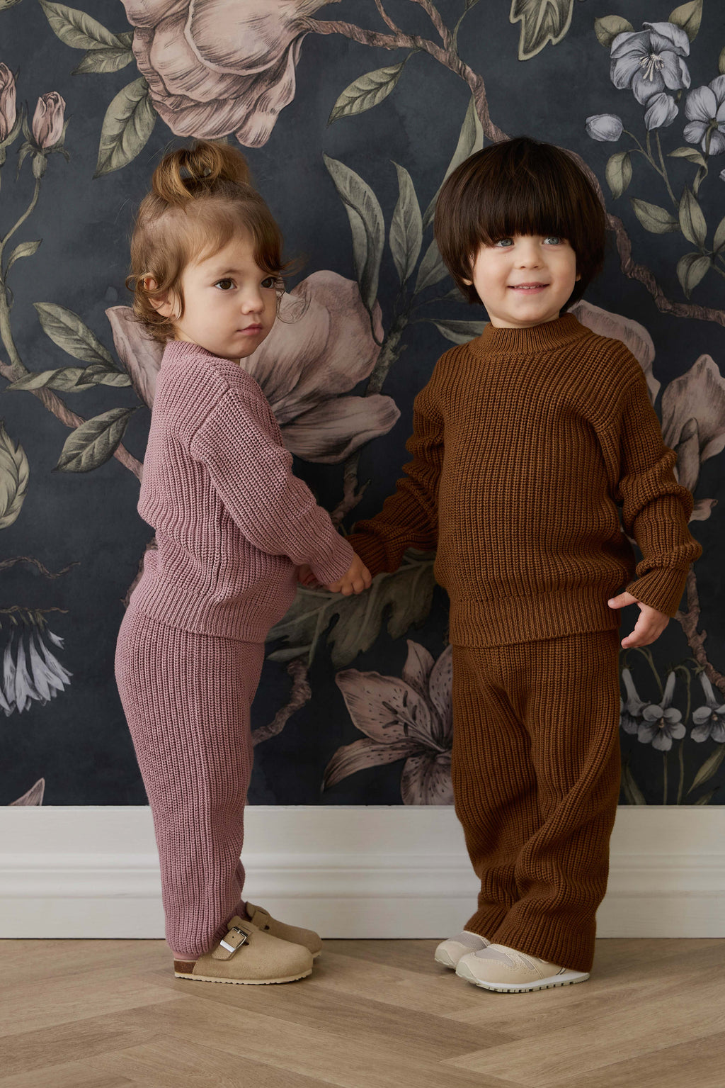 Pull en coton uni tricoté bronze d'automne chaud avec poignets côtelés et col ras du cou pour enfants de 0 mois à 6 ans