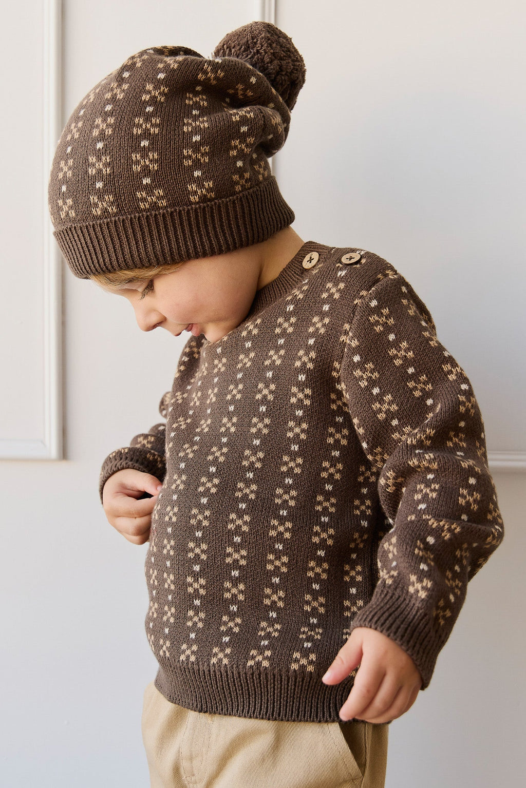 Bonnet tricoté en coton à imprimé Fairisle « Earthy Desert Palm » avec coupe structurée pour bébés et enfants