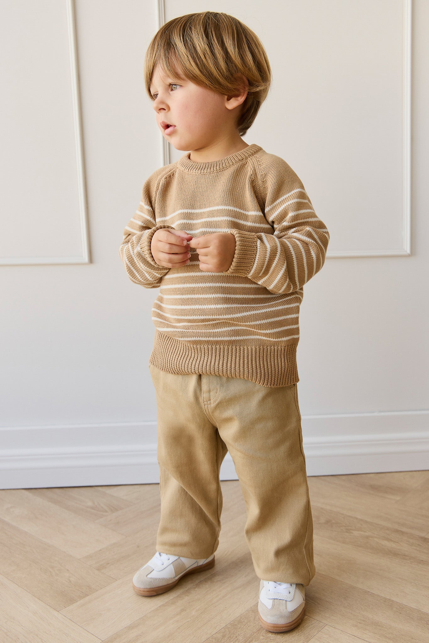 Pantalon en coton uni rotin naturel avec taille élastique et élasticité douce pour enfants de 6 mois à 8 ans