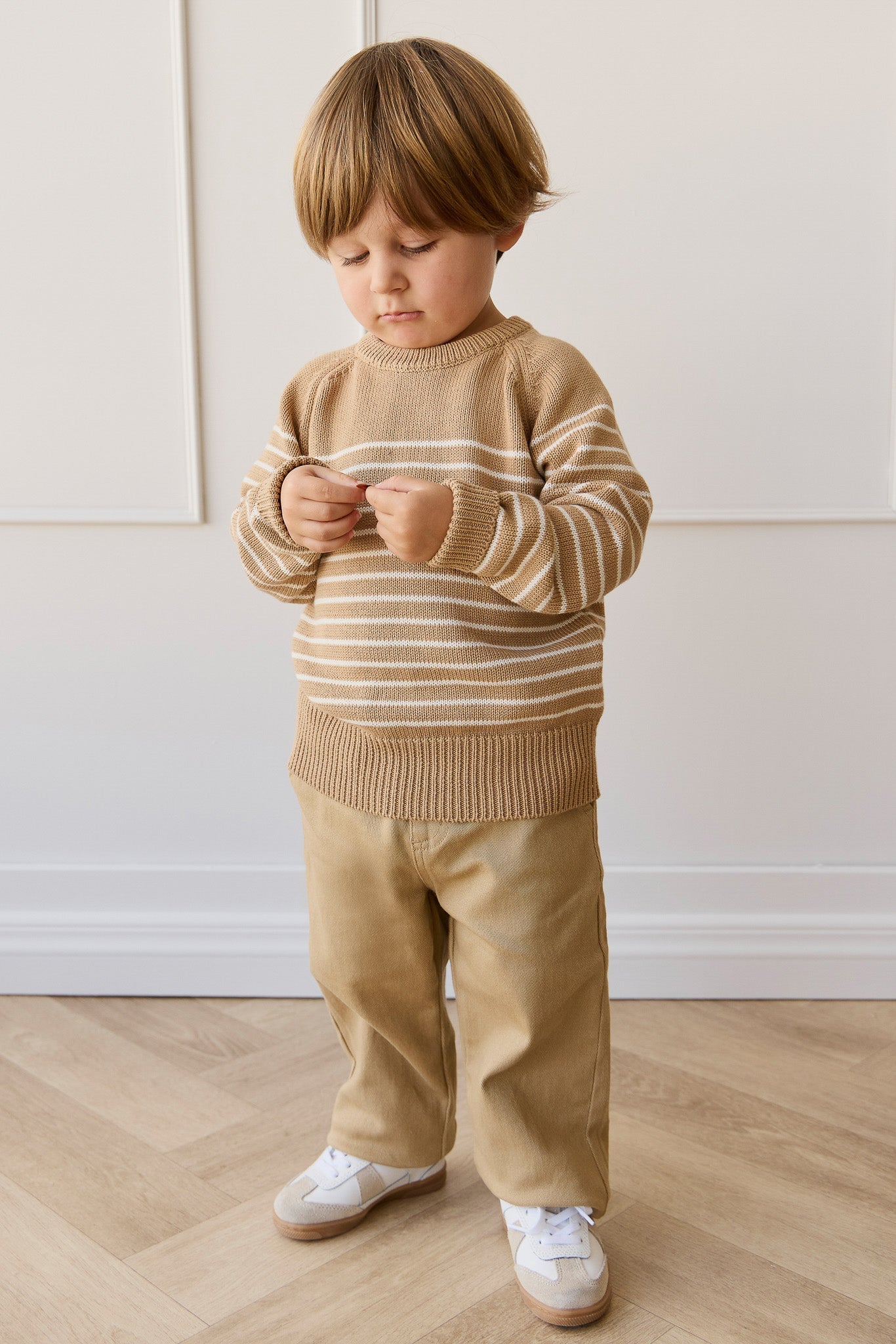 Pantalon en coton uni rotin naturel avec taille élastique et élasticité douce pour enfants de 6 mois à 8 ans