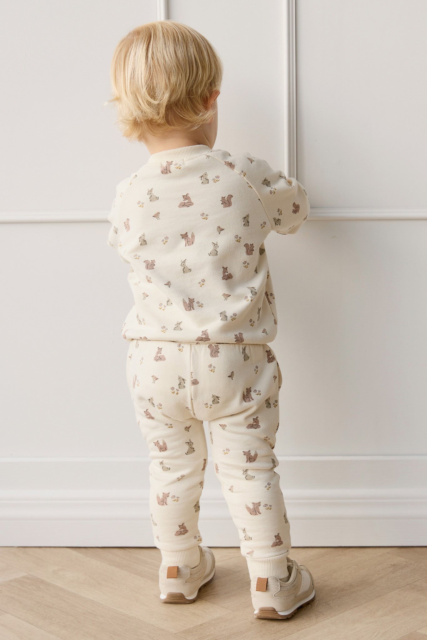 Pantalon de jogging en coton biologique pour enfants 0-8 ans, imprimé « Amis de la forêt », ludique et neutre, avec taille élastique