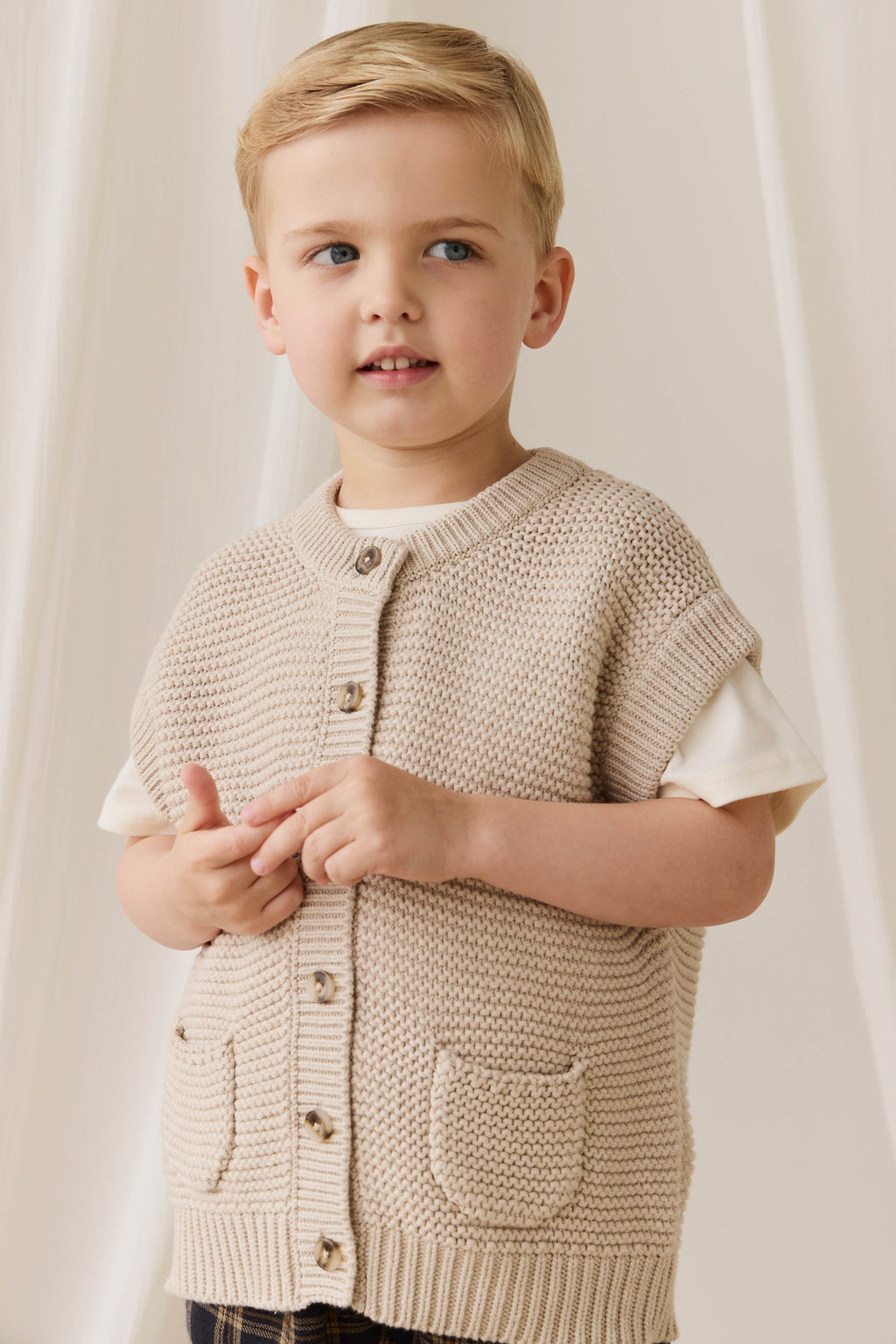 Gilet en tricot de coton uni avec fermeture boutonnée et poche pour enfants de 0 à 8 ans