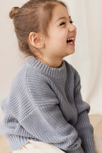 Pull en coton maille unie bleu aurore classique avec poignets côtelés, design superposé pour enfants de 6 mois à 8 ans