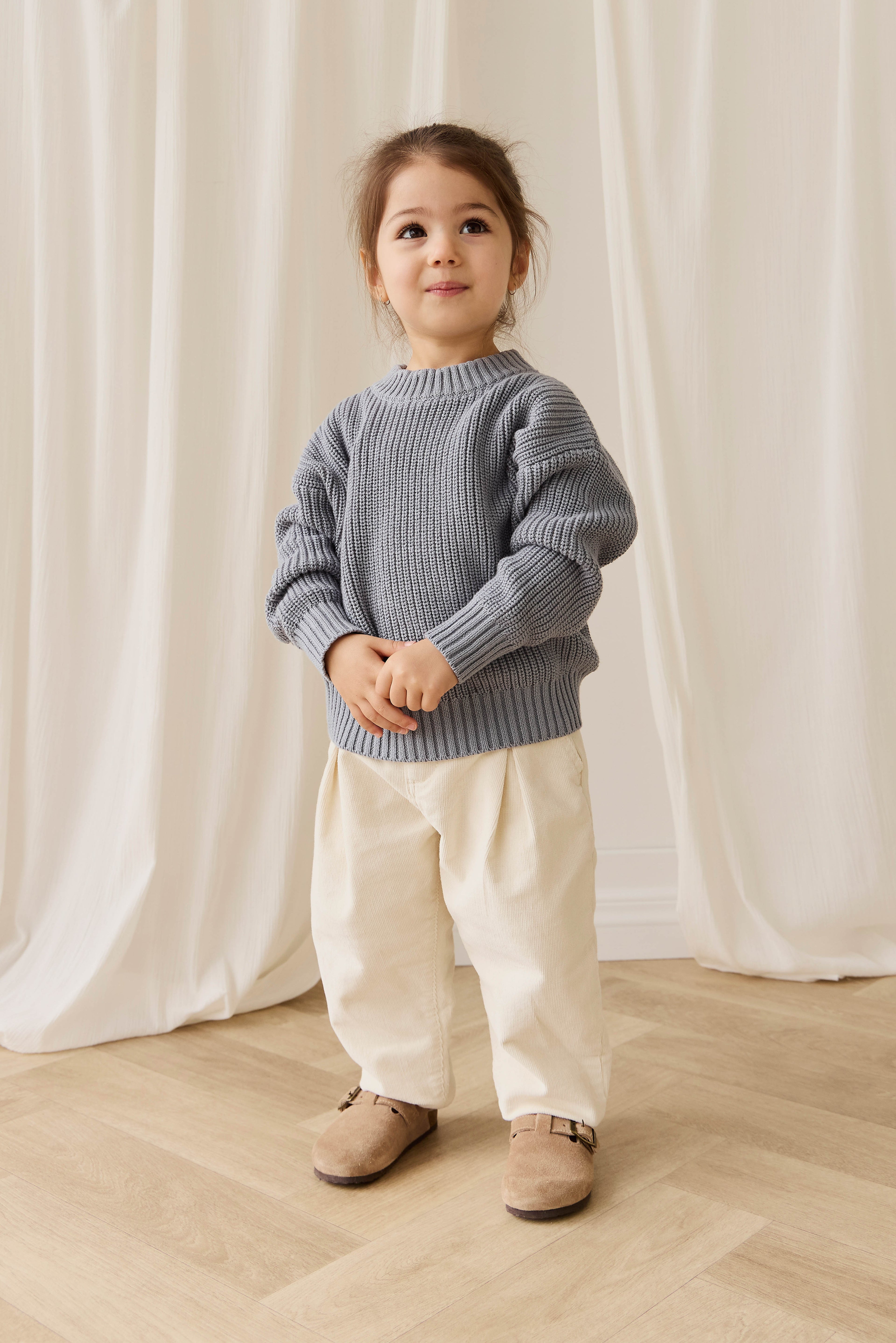 Pull en coton maille unie bleu aurore classique avec poignets côtelés, design superposé pour enfants de 6 mois à 8 ans