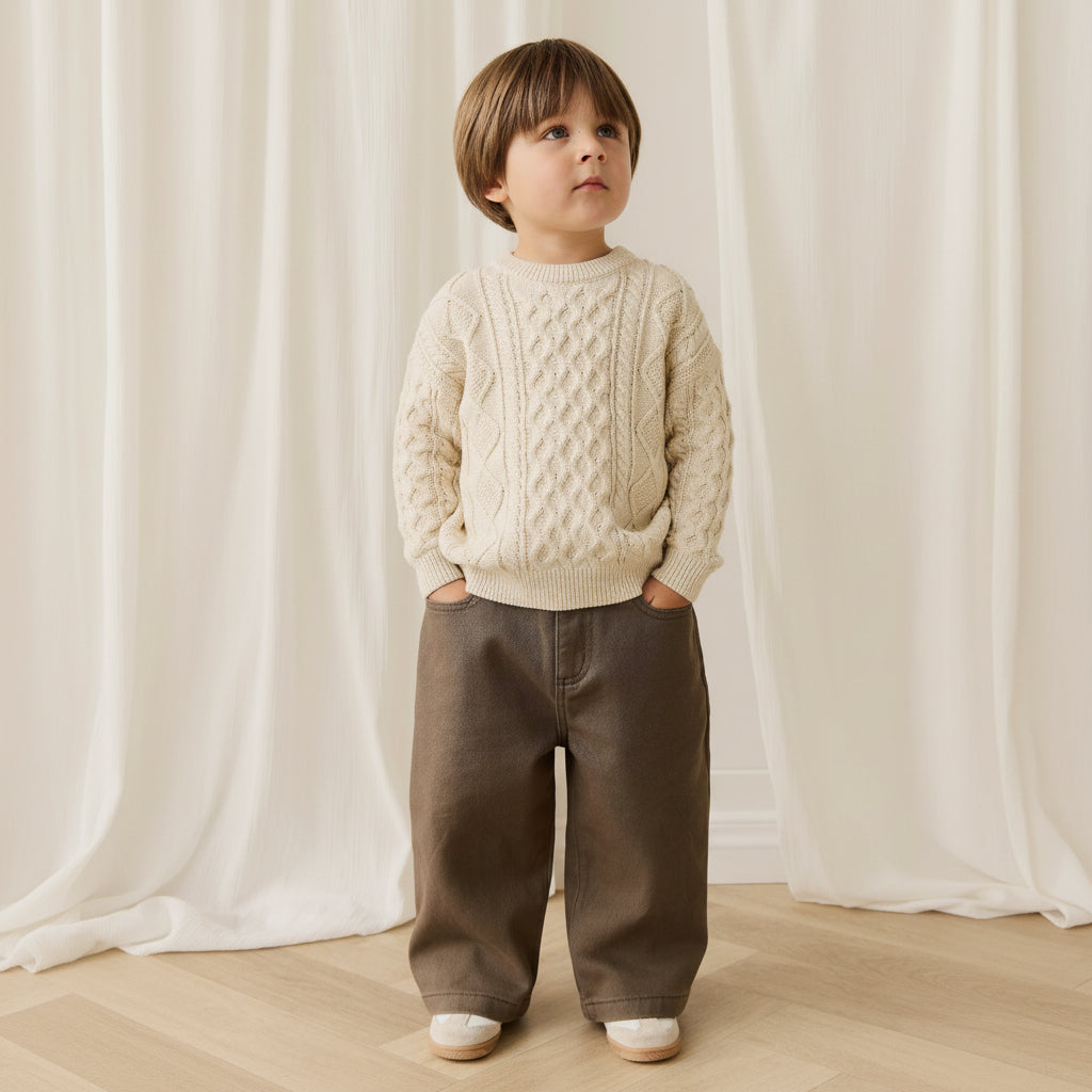 Pull en coton classique, de couleur unie neutre, à col rond et maille torsadée, avec poignets côtelés, pour enfants de 6 mois à 8 ans