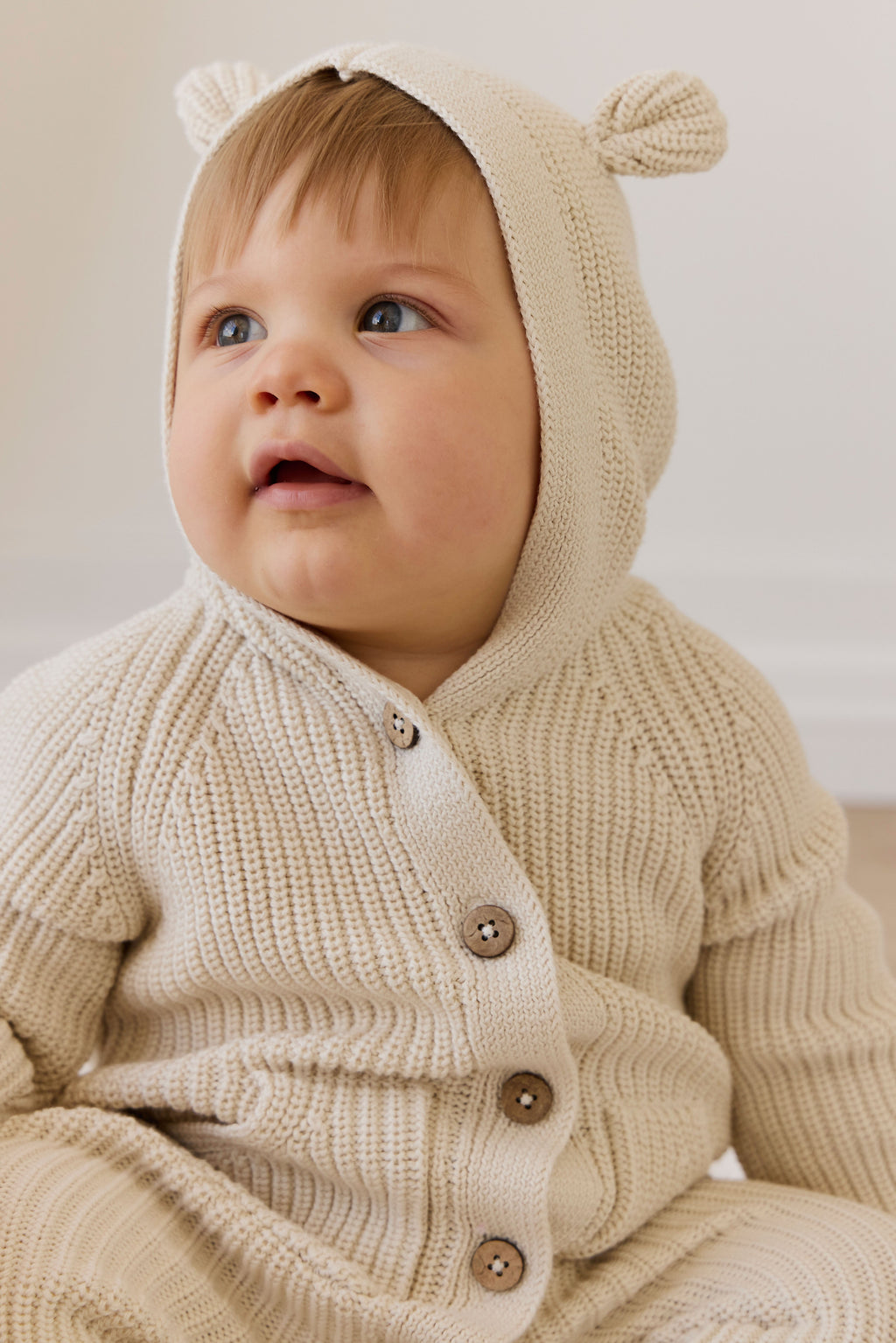 Barboteuse fantaisie unie en coton tricoté, avec capuche à oreilles et boutonnage sur le devant, pour bébés de 0 à 3 ans