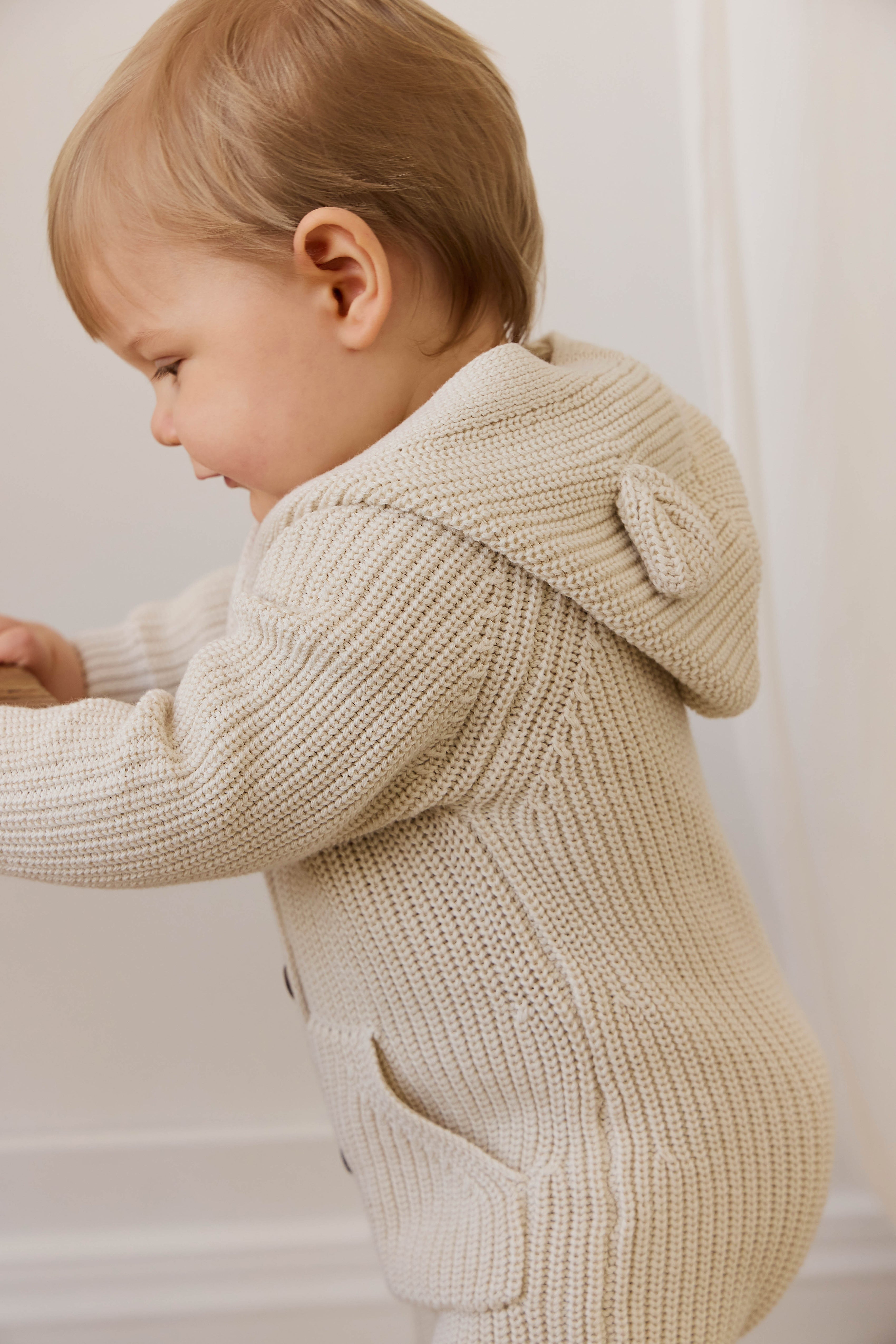 Barboteuse fantaisie unie en coton tricoté, avec capuche à oreilles et boutonnage sur le devant, pour bébés de 0 à 3 ans