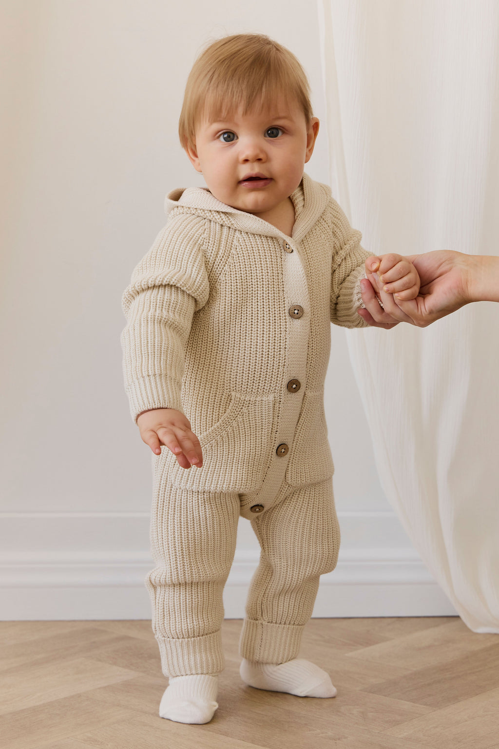 Barboteuse fantaisie unie en coton tricoté, avec capuche à oreilles et boutonnage sur le devant, pour bébés de 0 à 3 ans