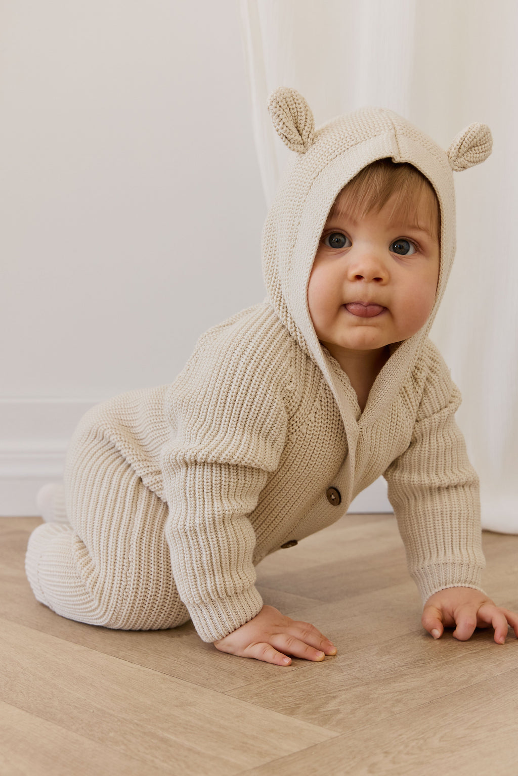 Barboteuse fantaisie unie en coton tricoté, avec capuche à oreilles et boutonnage sur le devant, pour bébés de 0 à 3 ans