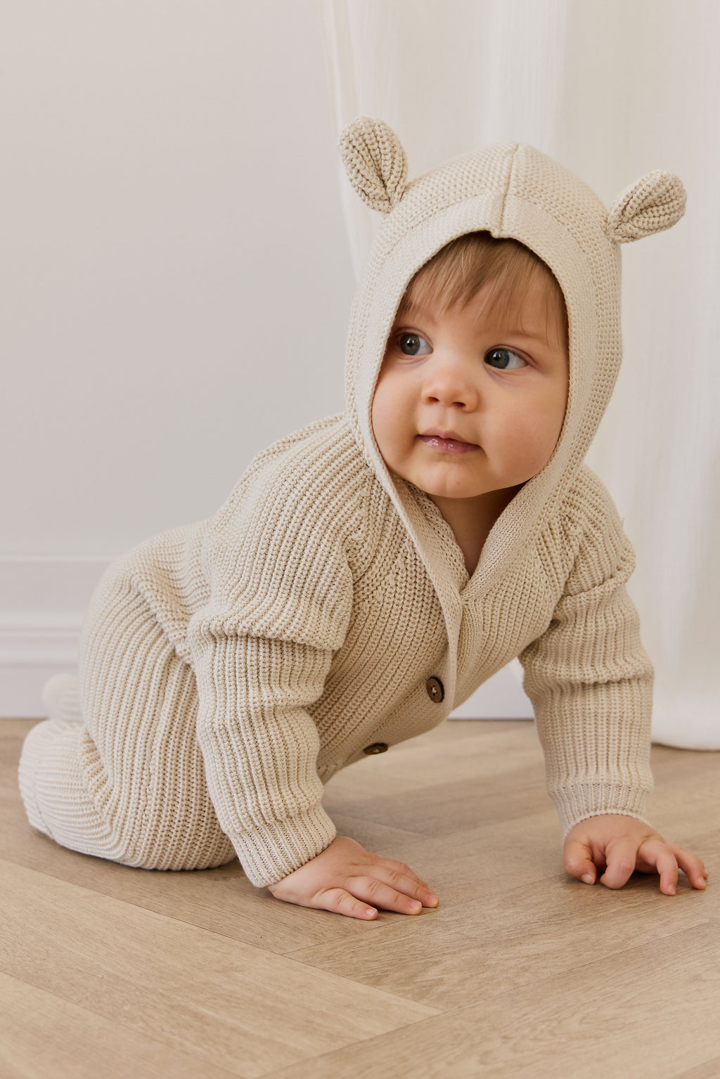 Barboteuse fantaisie unie en coton tricoté, avec capuche à oreilles et boutonnage sur le devant, pour bébés de 0 à 3 ans