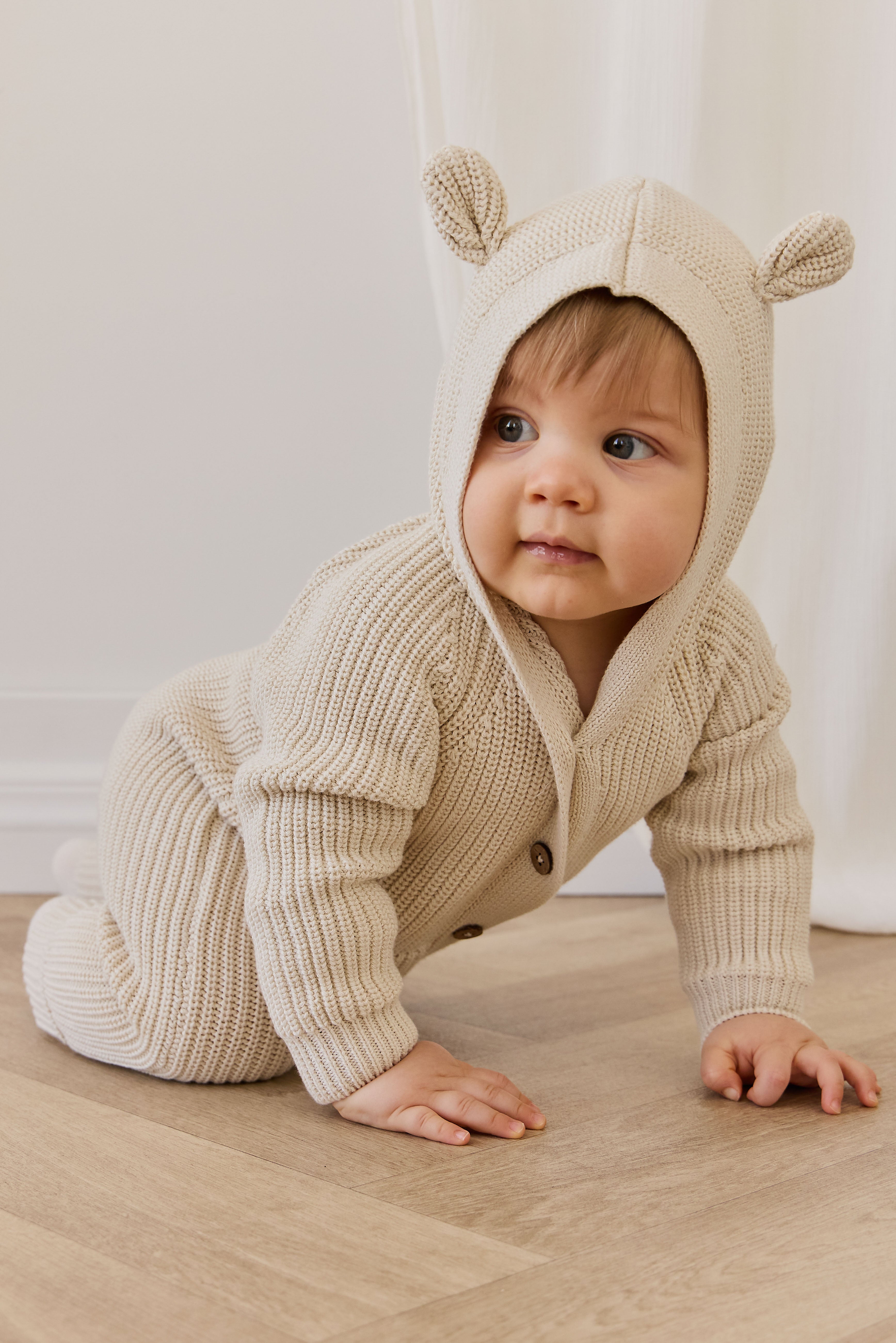 Barboteuse fantaisie unie en coton tricoté, avec capuche à oreilles et boutonnage sur le devant, pour bébés de 0 à 3 ans