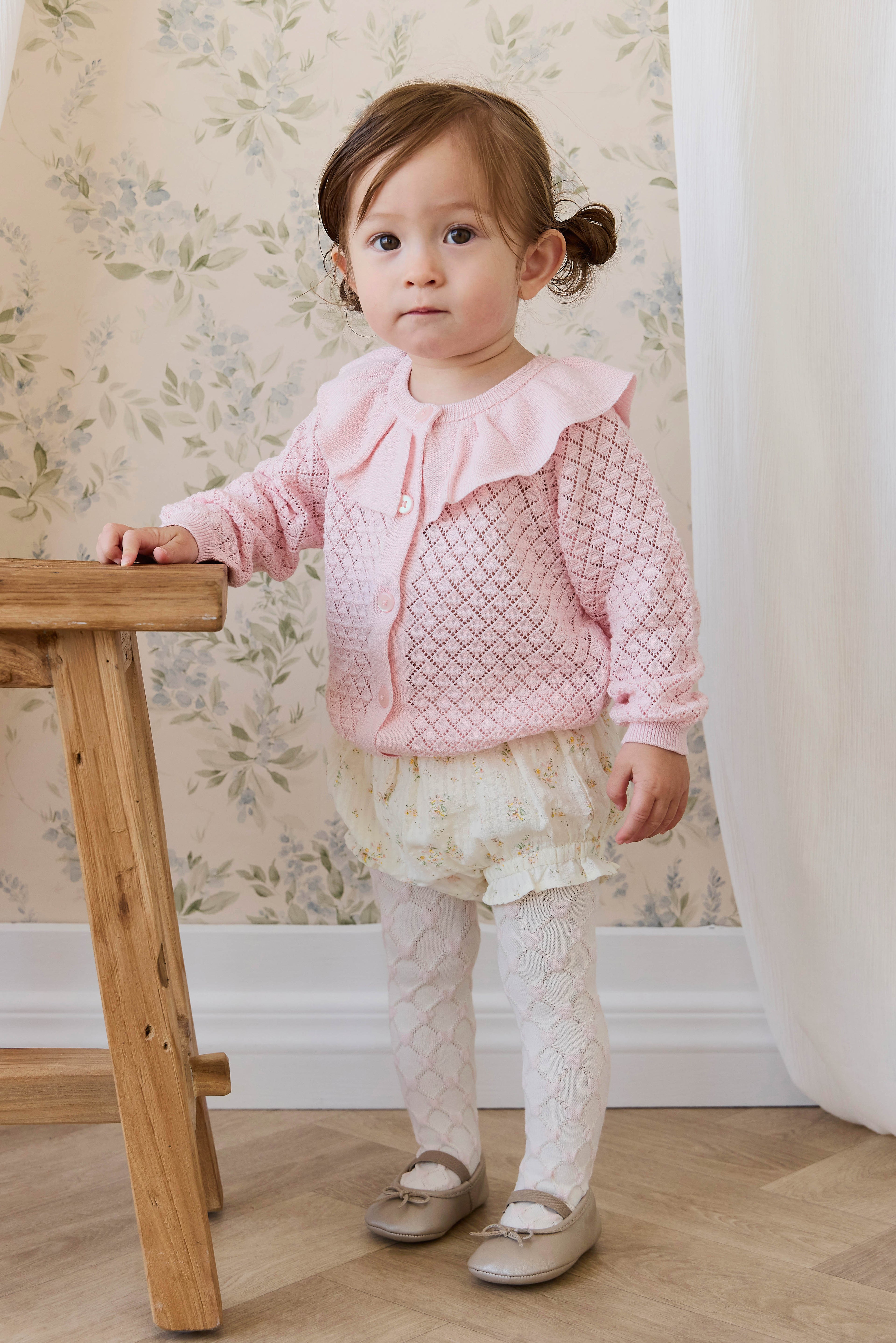 Cardigan en Coton Tricoté Rose Uni avec Boutons sur le Devant et Détails Nervurés pour Filles 0M-10A