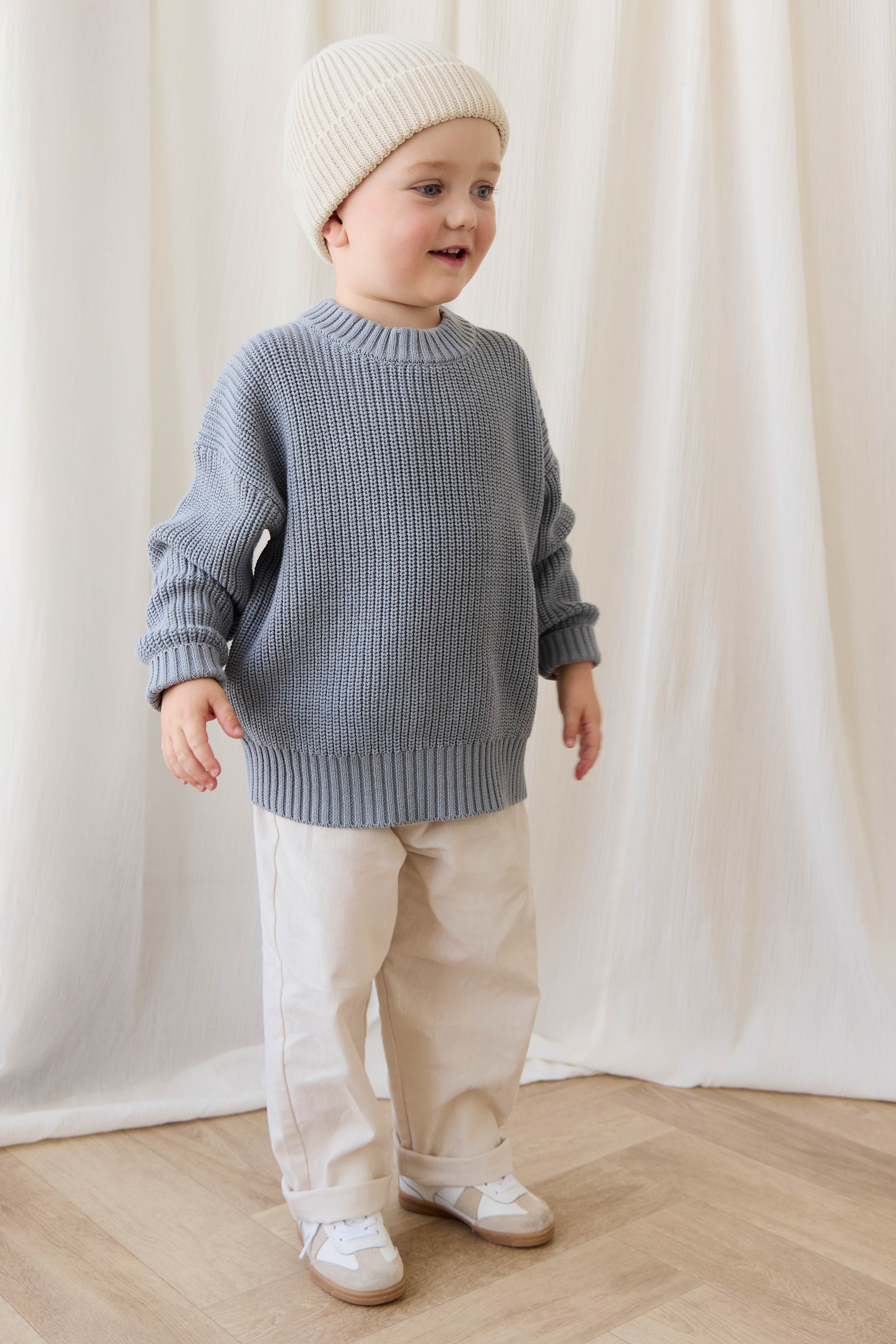 Pull en coton maille unie bleu aurore classique avec poignets côtelés, design superposé pour enfants de 6 mois à 8 ans