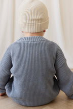 Pull en coton maille unie bleu aurore classique avec poignets côtelés, design superposé pour enfants de 6 mois à 8 ans