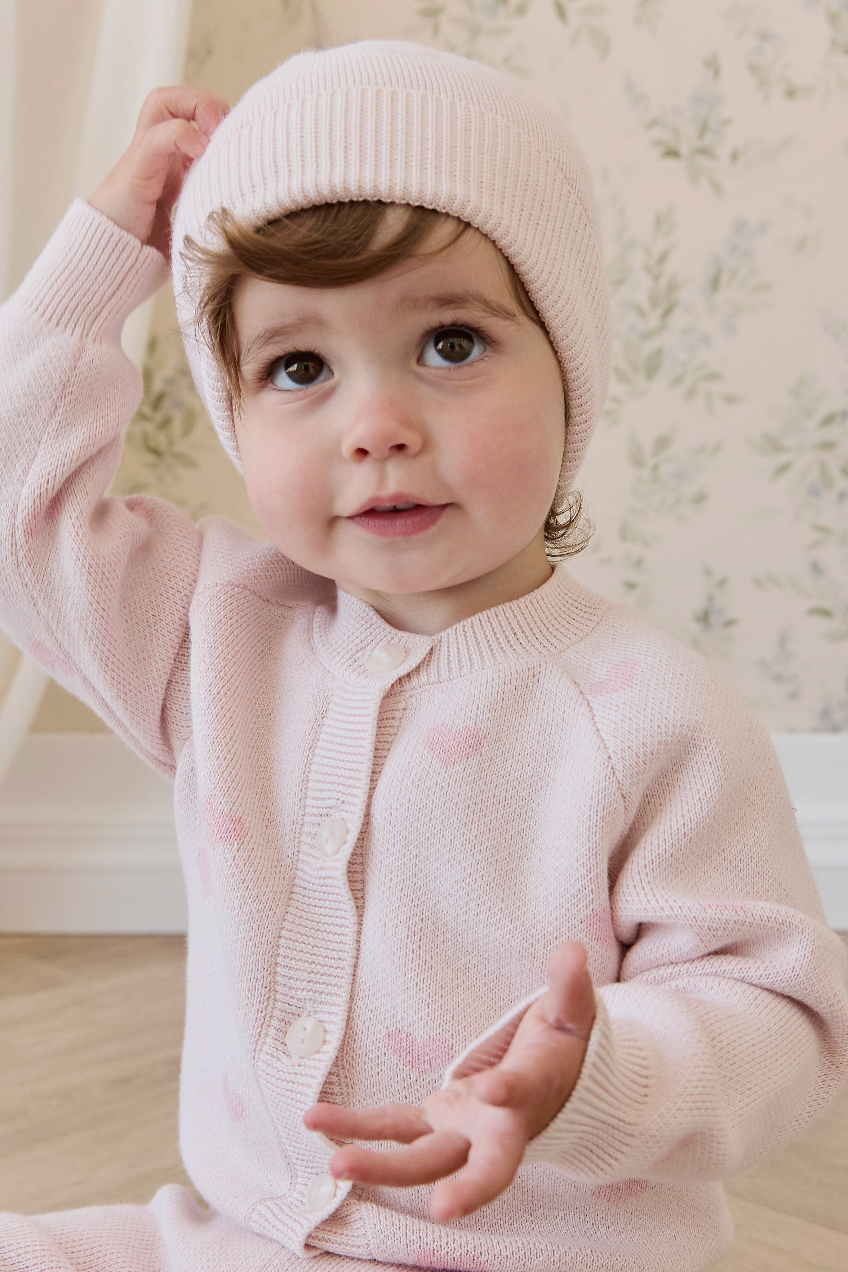 Cardigan en maille jacquard de coton rose cœur romantique avec boutonnage sur le devant pour filles de 0 à 10 ans