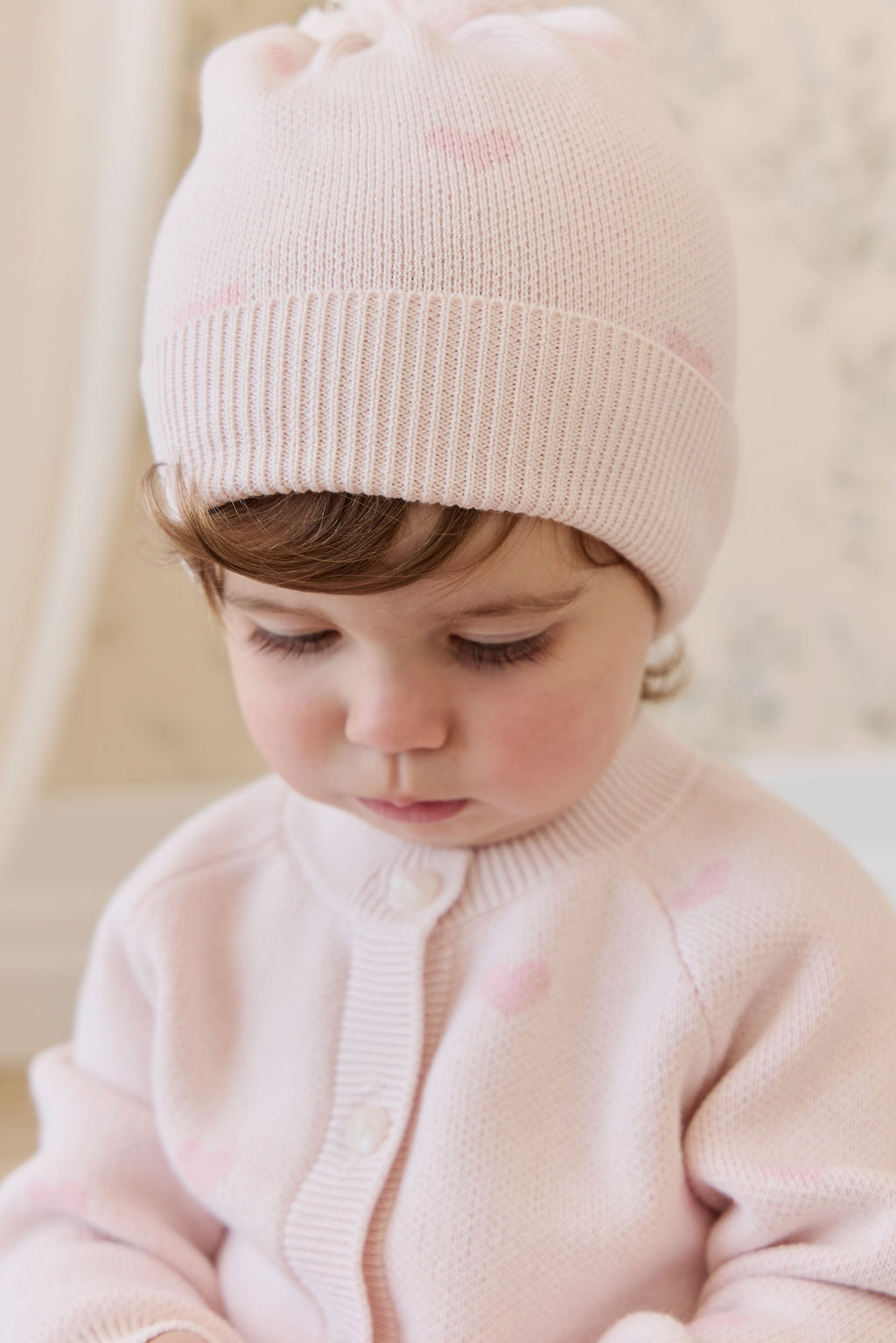 Bonnet en coton jacquard rose doux avec pompon pour filles par temps frais 0-2 ans et plus