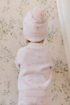 Cardigan en maille jacquard de coton rose cœur romantique avec boutonnage sur le devant pour filles de 0 à 10 ans