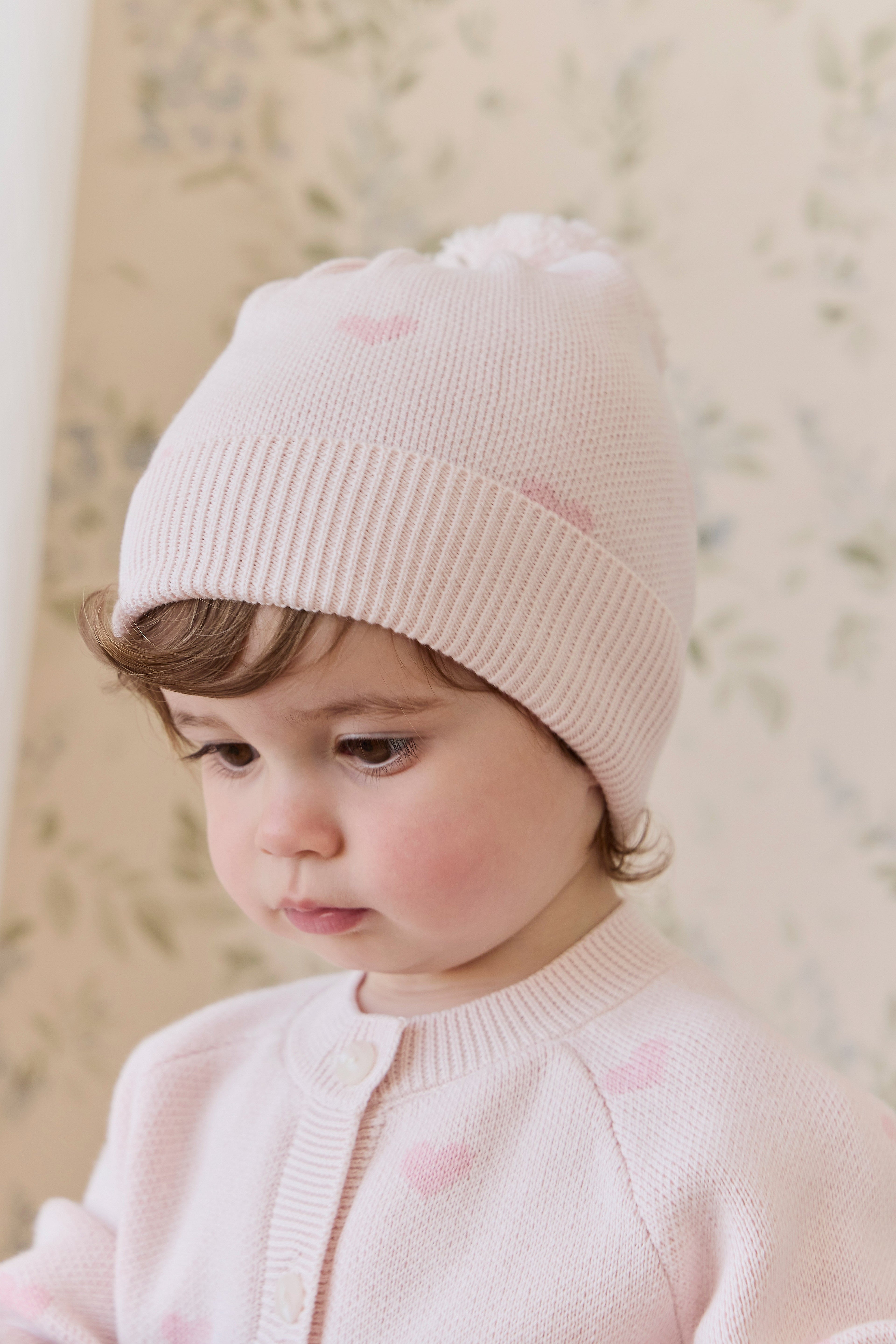 Bonnet en coton jacquard rose doux avec pompon pour filles par temps frais 0-2 ans et plus