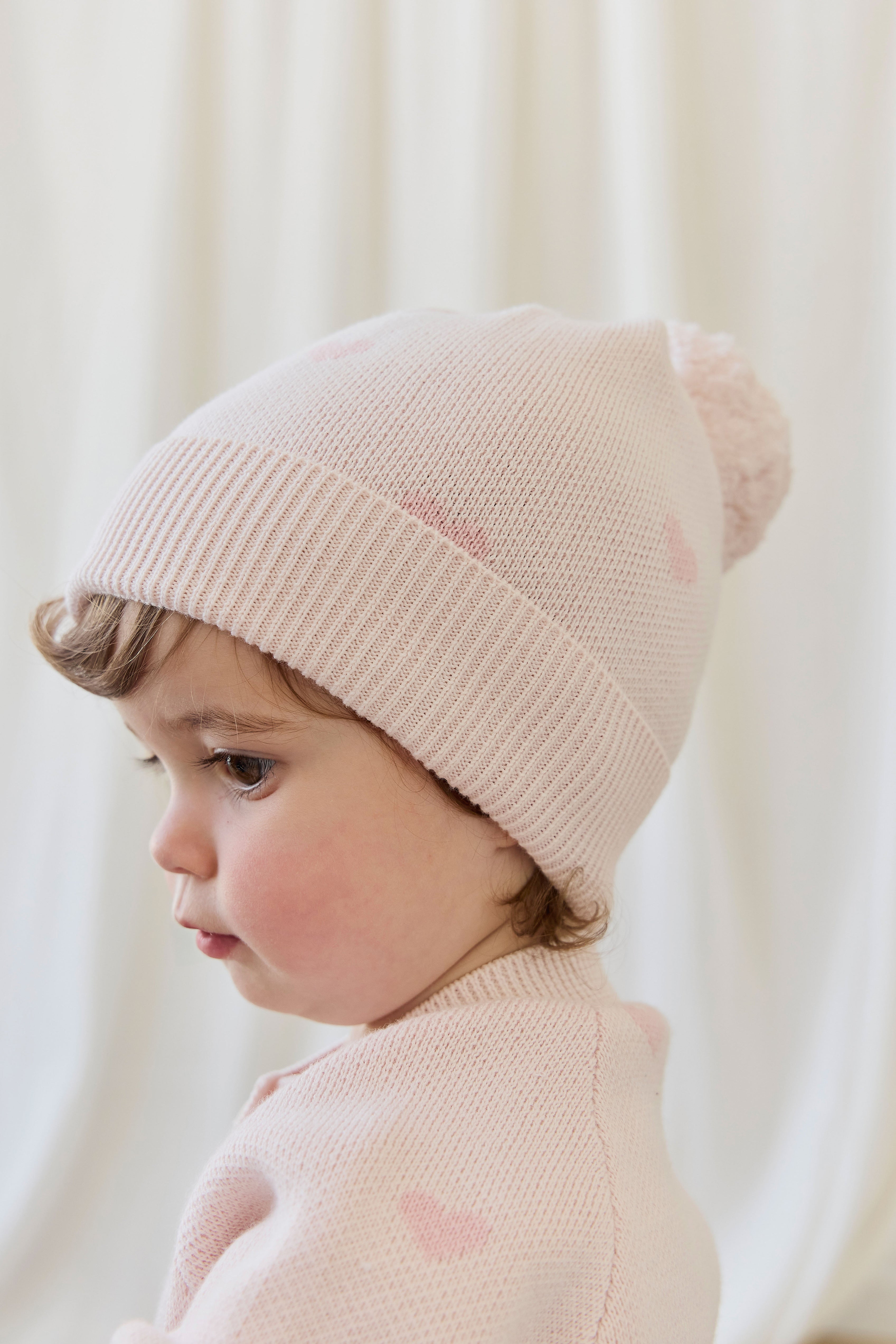Bonnet en coton jacquard rose doux avec pompon pour filles par temps frais 0-2 ans et plus