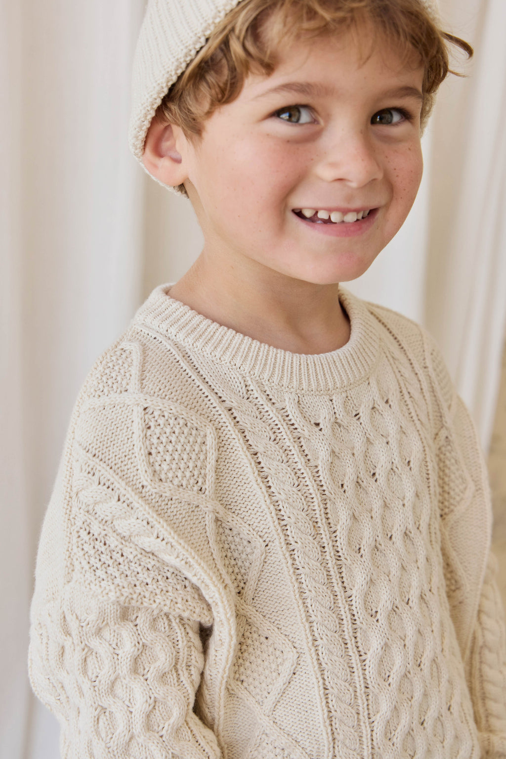 Pull en coton classique, de couleur unie neutre, à col rond et maille torsadée, avec poignets côtelés, pour enfants de 6 mois à 8 ans