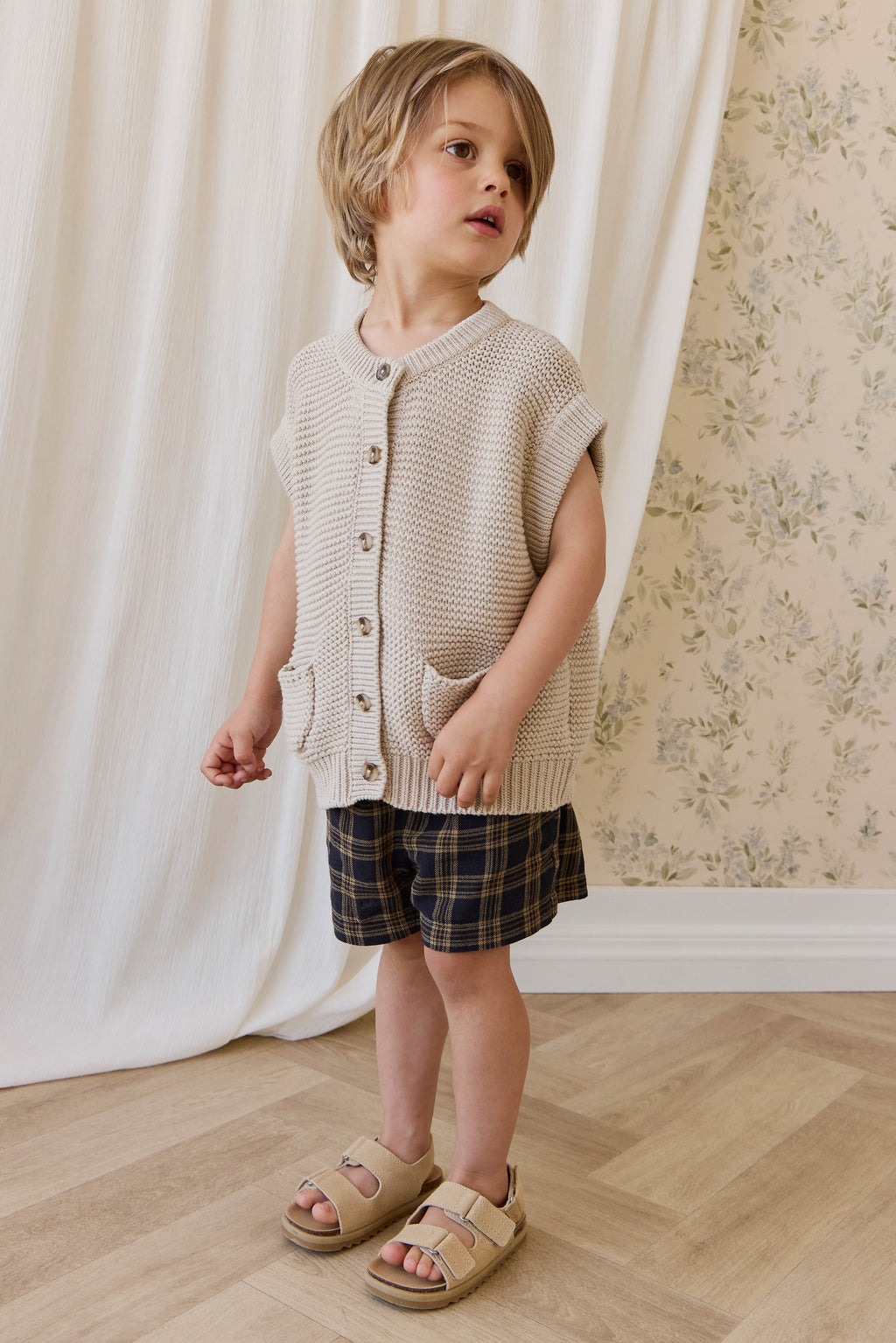 Short classique à carreaux Woodland en coton biologique pour enfants de 6 mois à 8 ans, coupe décontractée avec lien décoratif à la taille