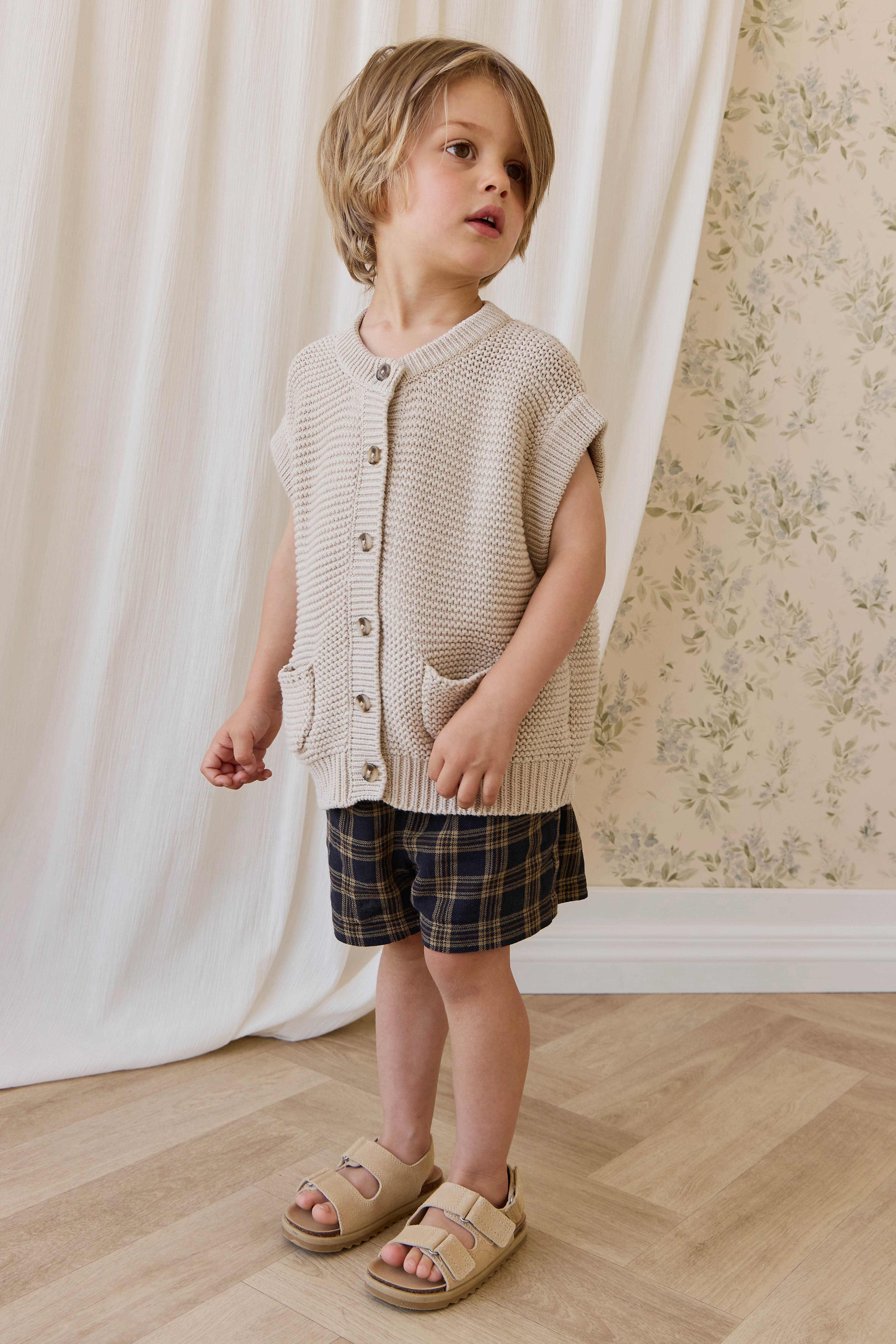 Short classique à carreaux Woodland en coton biologique pour enfants de 6 mois à 8 ans, coupe décontractée avec lien décoratif à la taille