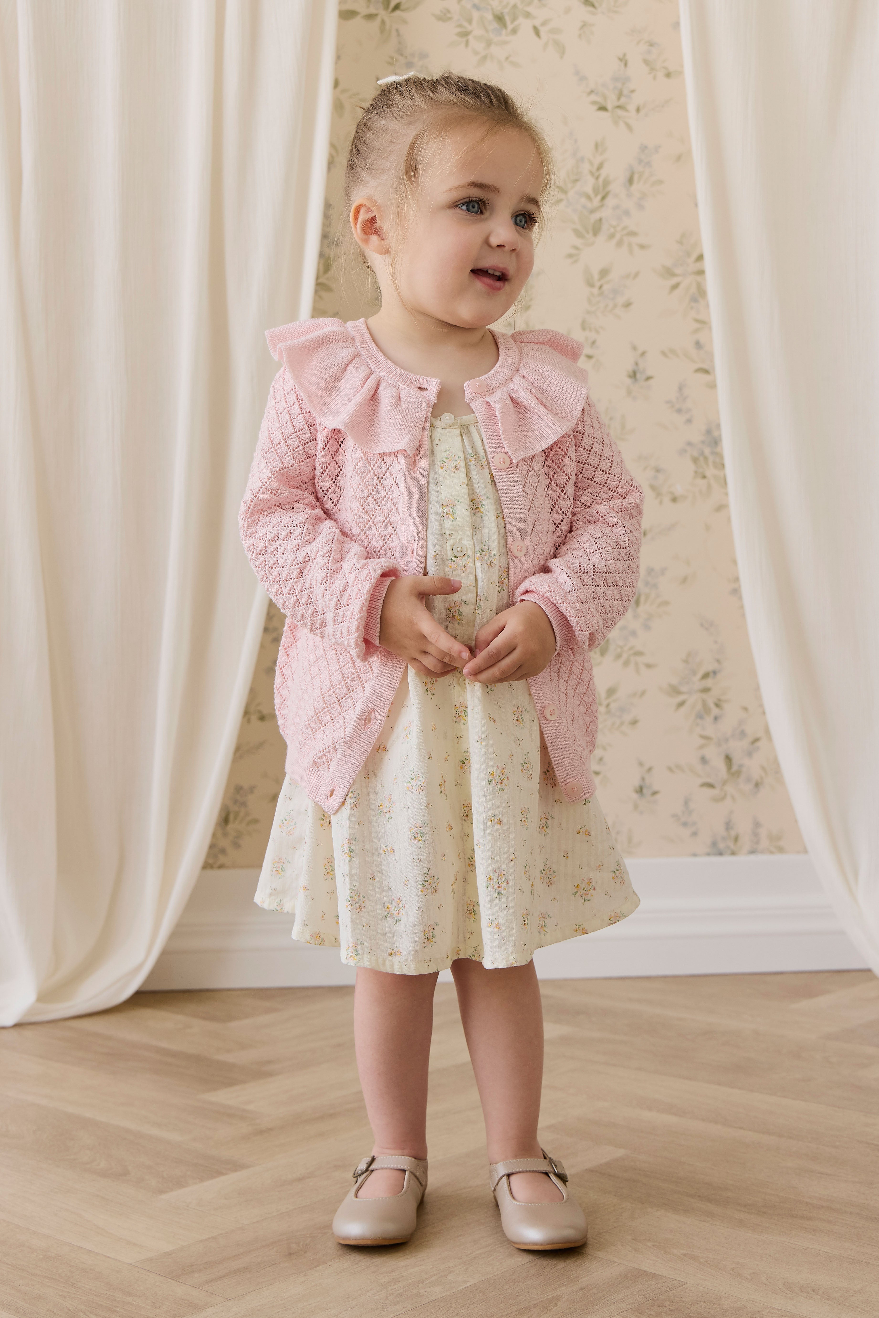 Cardigan en Coton Tricoté Rose Uni avec Boutons sur le Devant et Détails Nervurés pour Filles 0M-10A