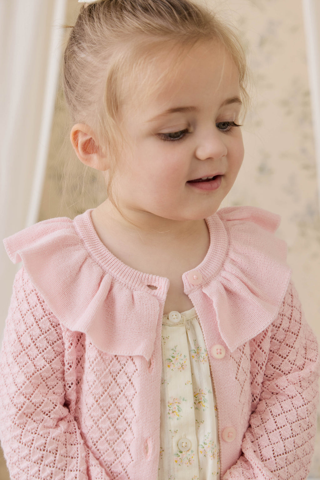 Cardigan en Coton Tricoté Rose Uni avec Boutons sur le Devant et Détails Nervurés pour Filles 0M-10A