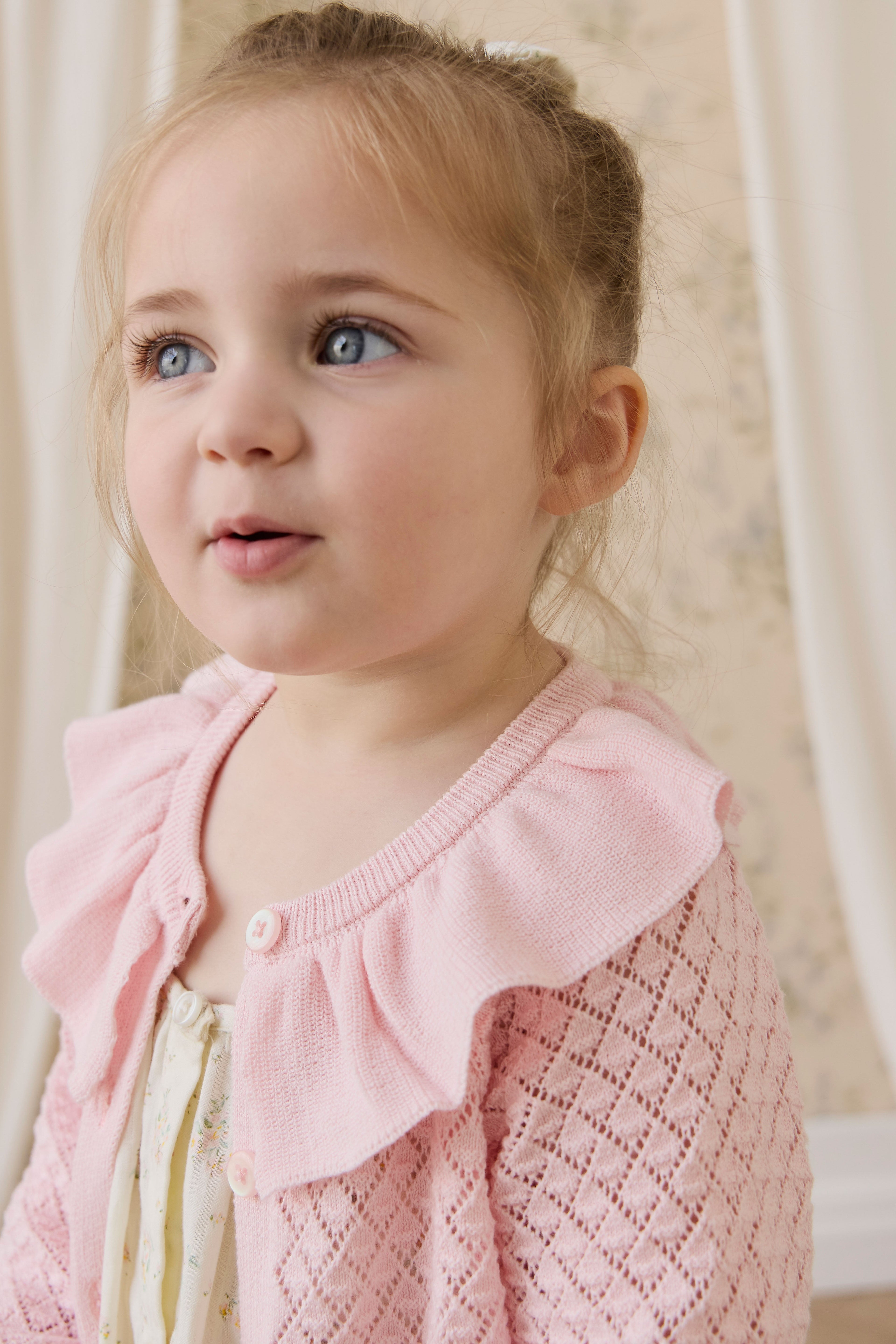Cardigan en Coton Tricoté Rose Uni avec Boutons sur le Devant et Détails Nervurés pour Filles 0M-10A