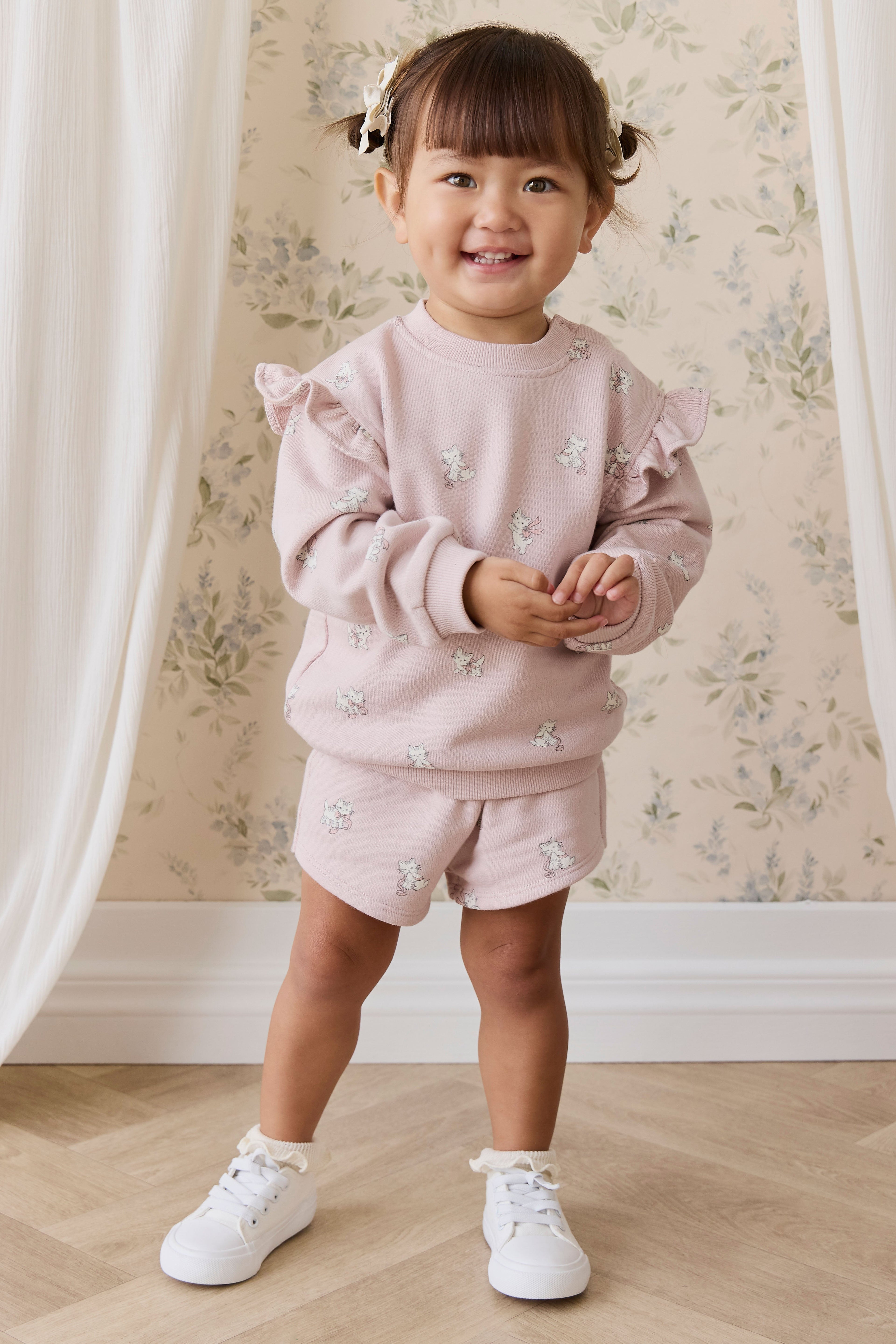 Short en coton biologique à imprimé chaton Mauve ludique avec taille à nœud pour filles de 6 mois à 10 ans