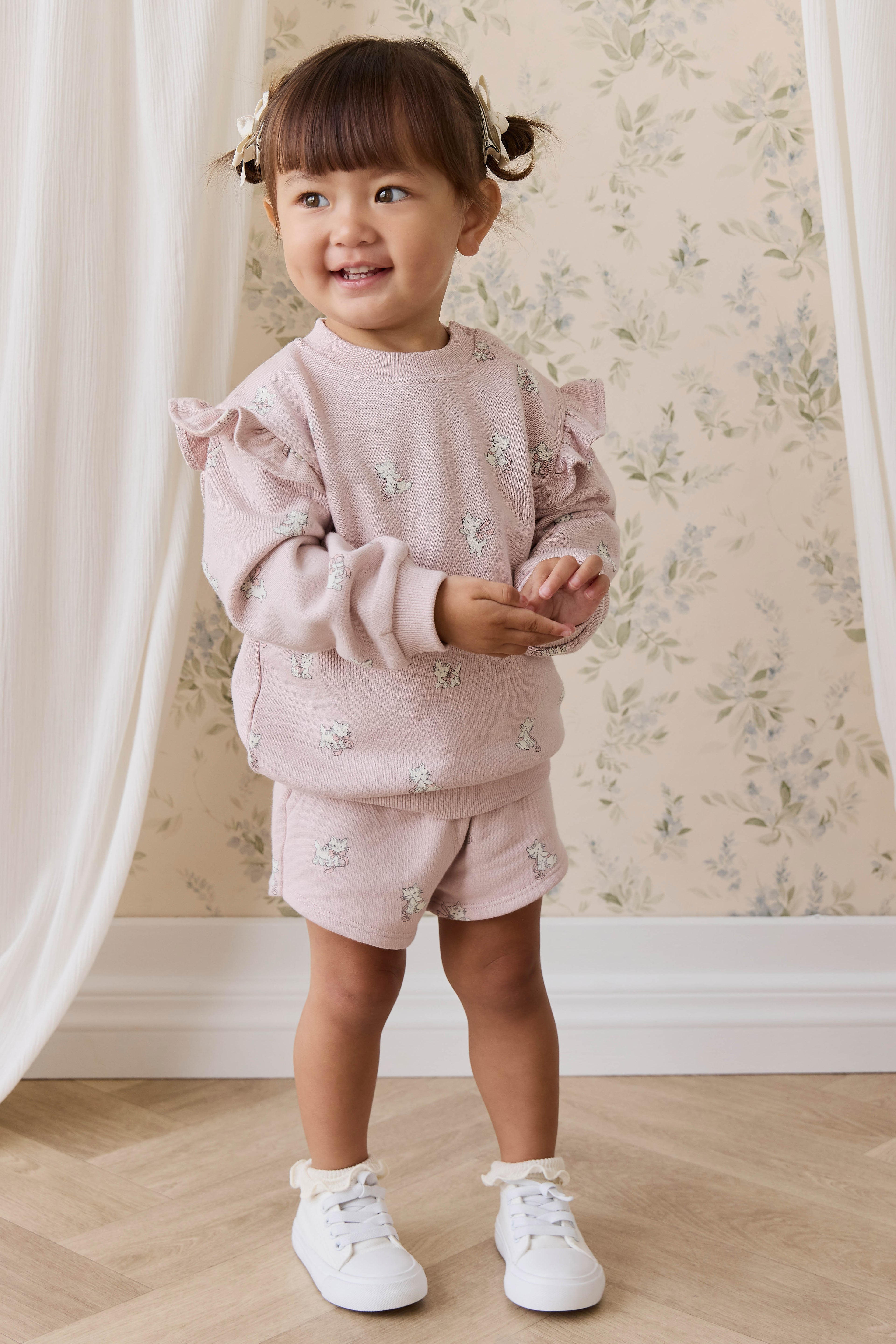 Short en coton biologique à imprimé chaton Mauve ludique avec taille à nœud pour filles de 6 mois à 10 ans