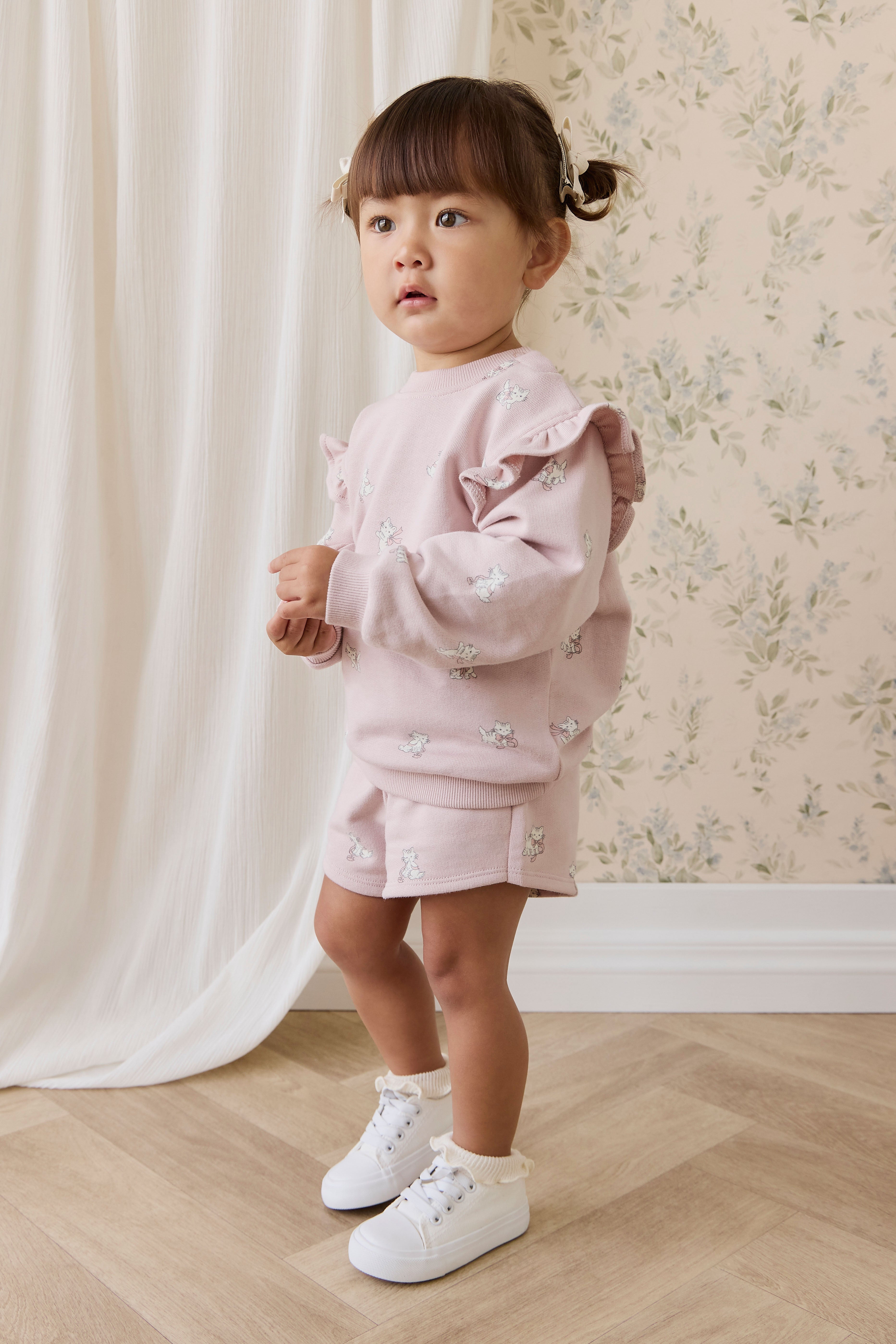 Short en coton biologique à imprimé chaton Mauve ludique avec taille à nœud pour filles de 6 mois à 10 ans