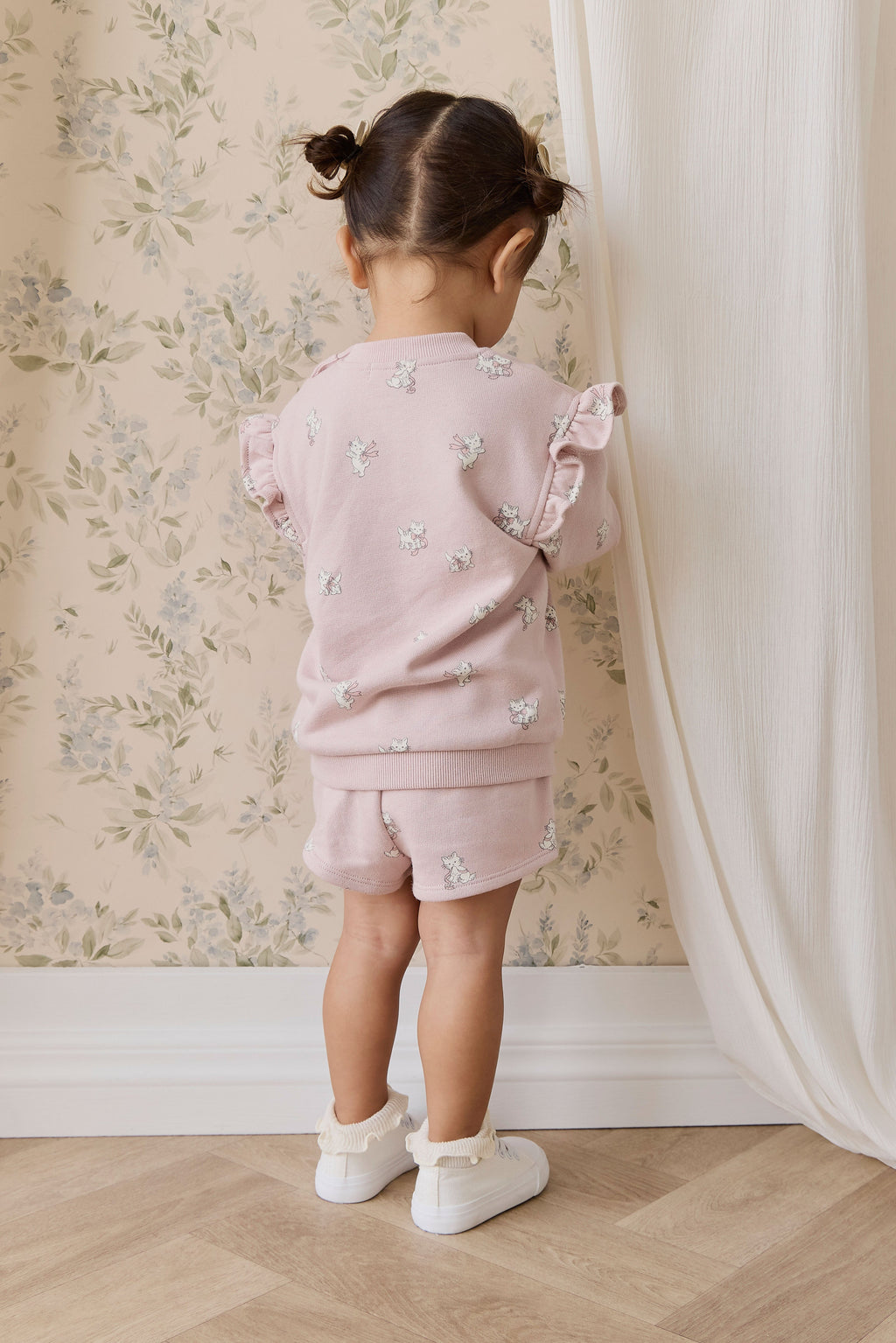 Short en coton biologique à imprimé chaton Mauve ludique avec taille à nœud pour filles de 6 mois à 10 ans
