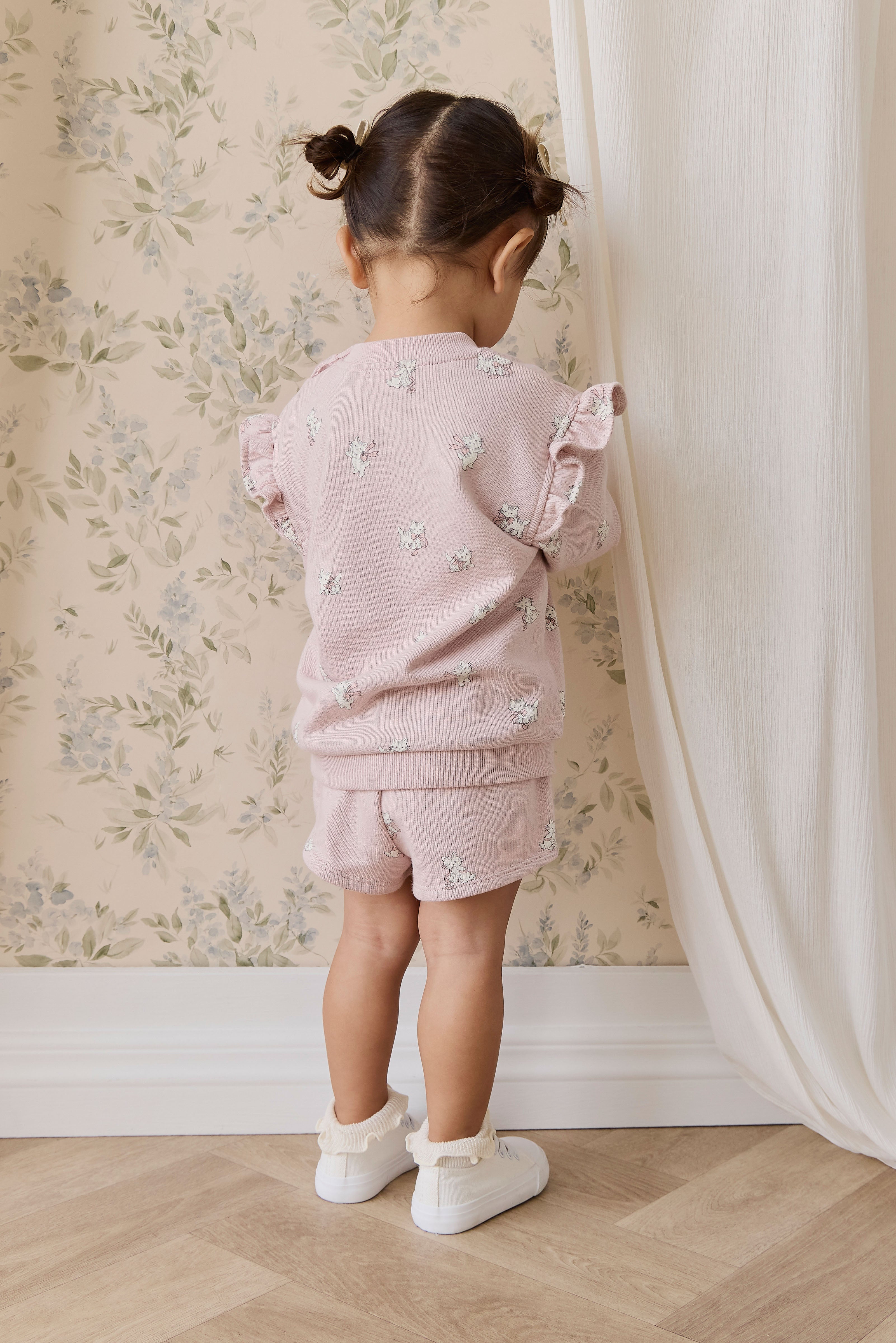 Short en coton biologique à imprimé chaton Mauve ludique avec taille à nœud pour filles de 6 mois à 10 ans
