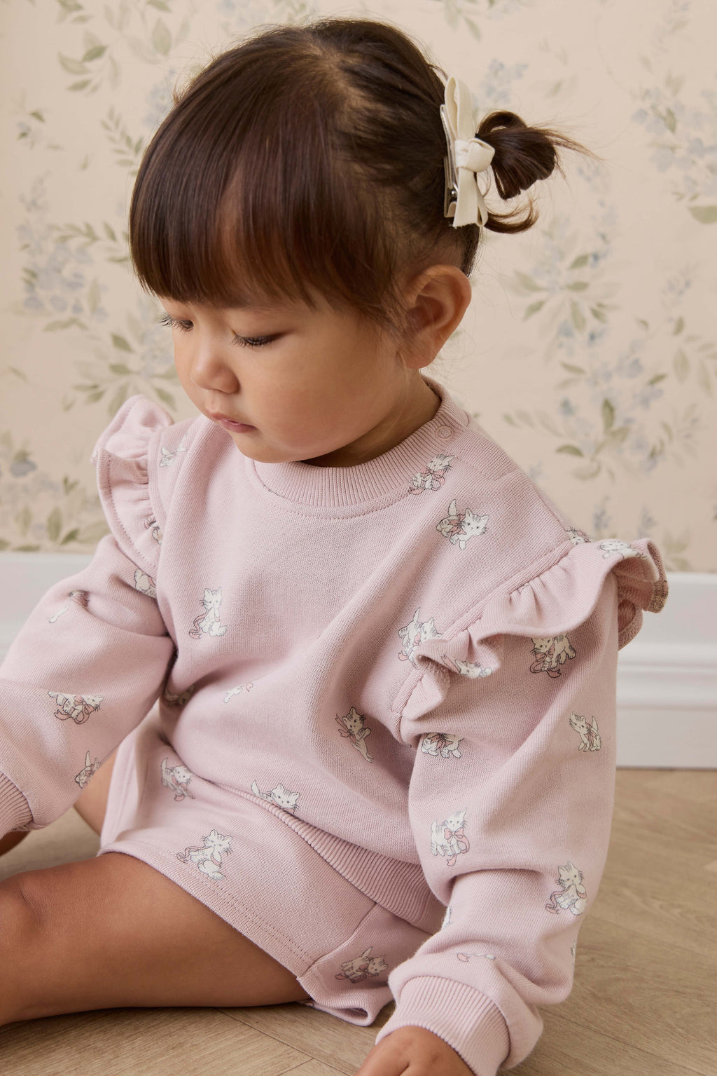 Short en coton biologique à imprimé chaton Mauve ludique avec taille à nœud pour filles de 6 mois à 10 ans
