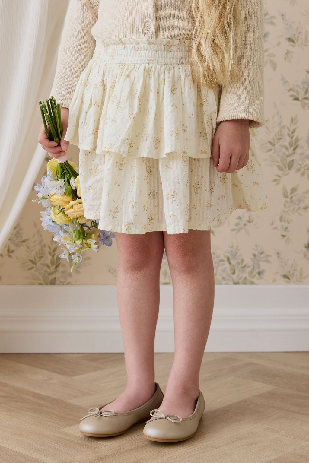 Jupe étagée en coton biologique à imprimé floral parchemin romantique avec design superposé féminin pour filles 6M–10A
