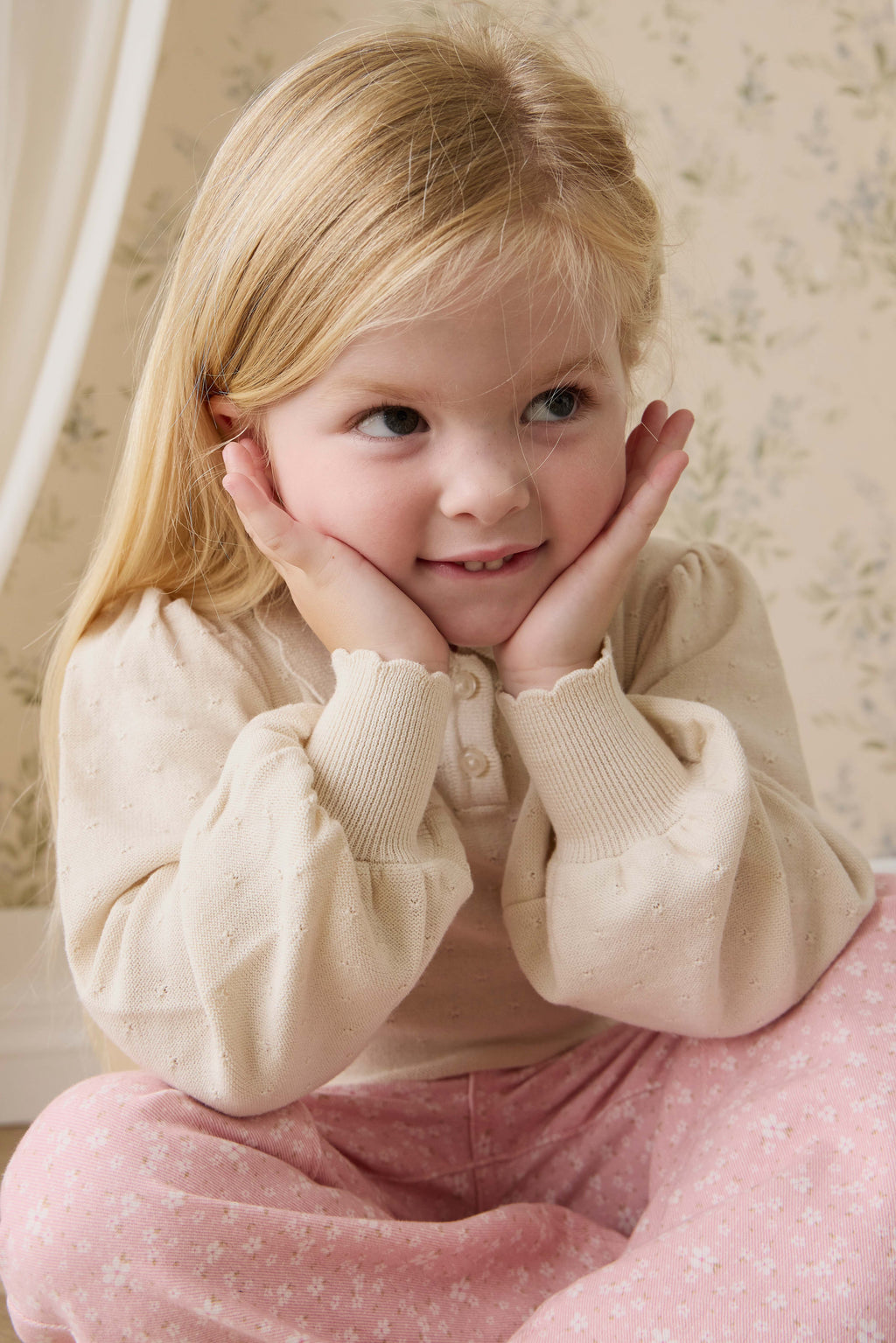 Pull en tricot uni classique et neutre en coton avec col et manches ballon pour filles 6 mois-8 ans