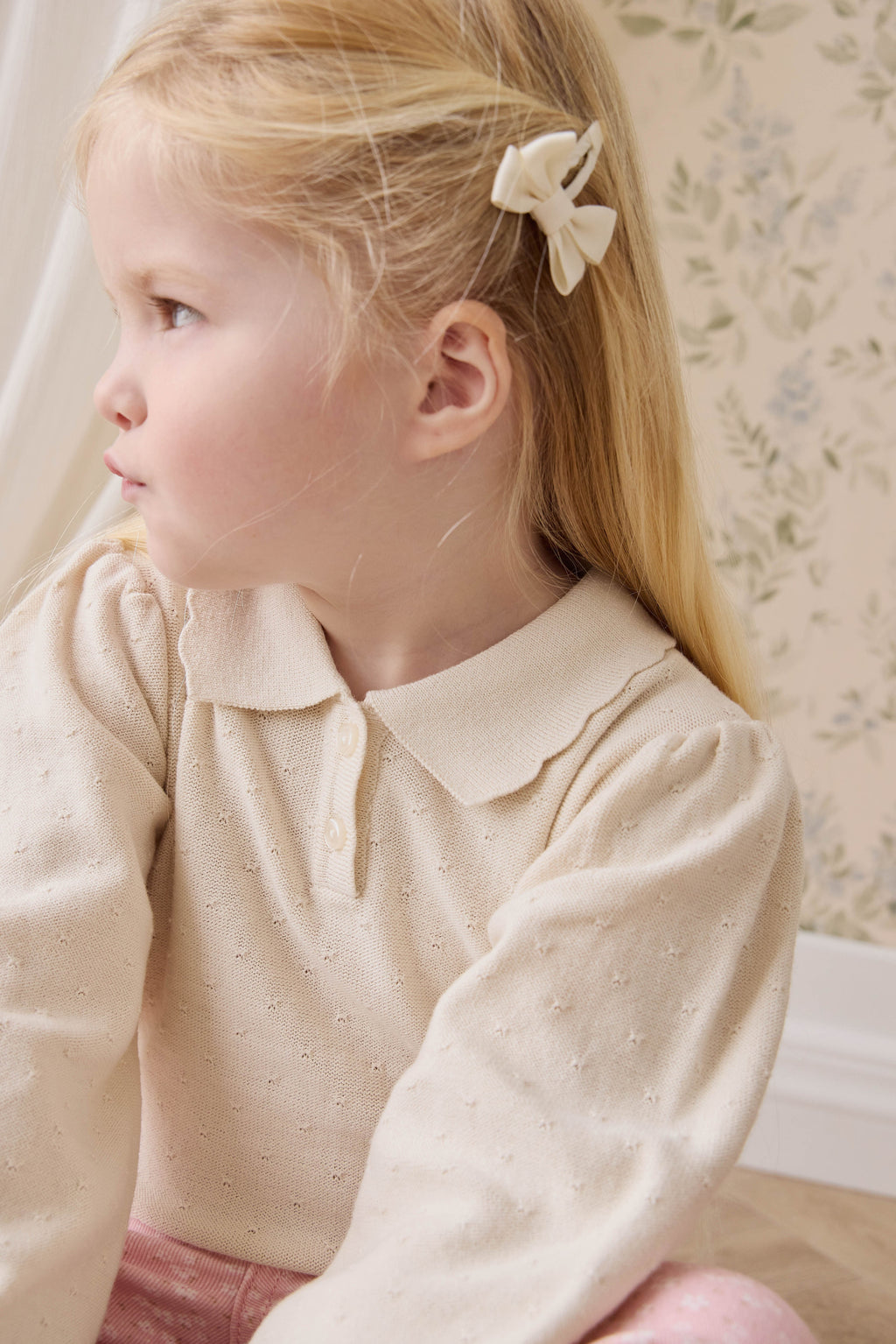 Pull en tricot uni classique et neutre en coton avec col et manches ballon pour filles 6 mois-8 ans