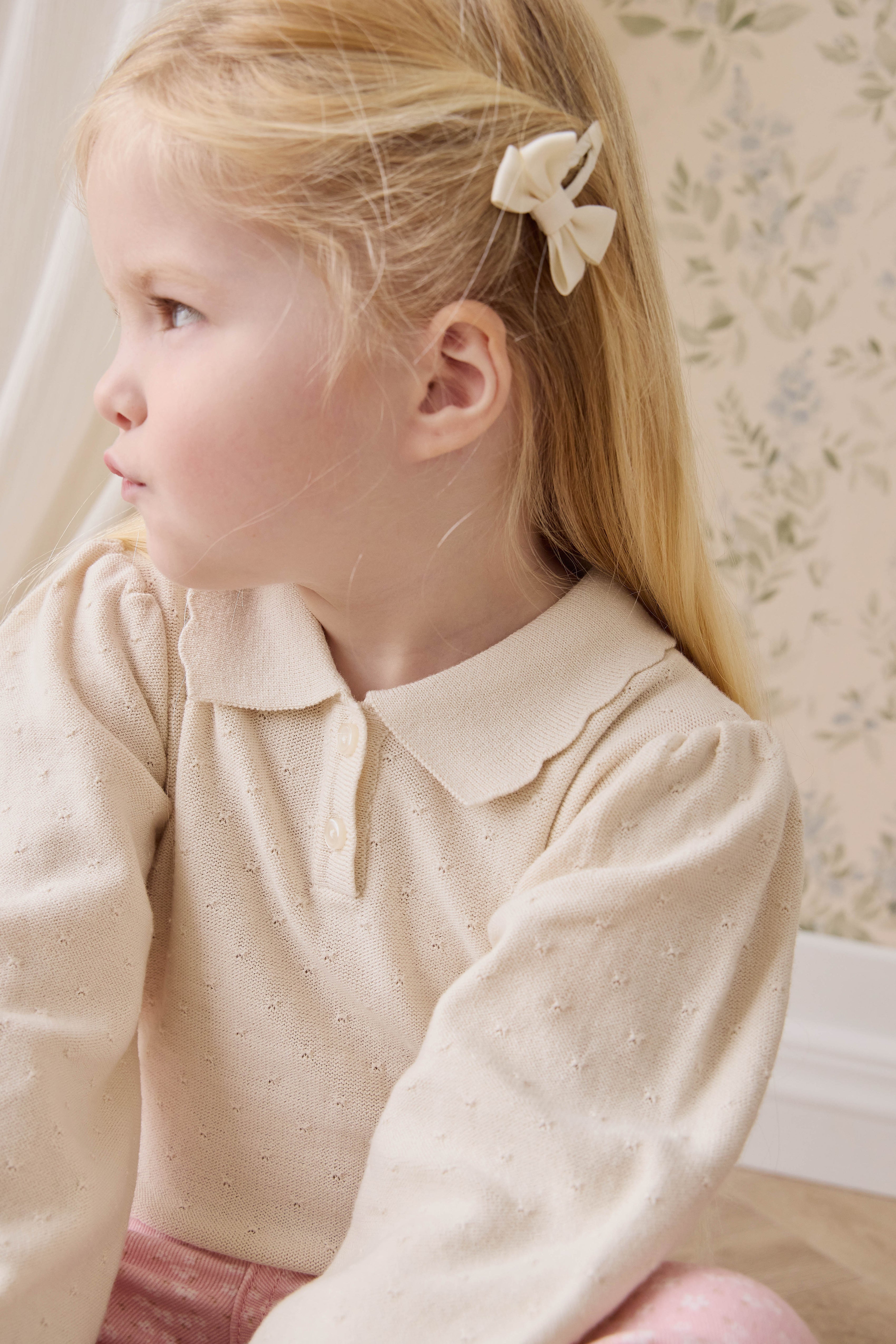 Pull en tricot uni classique et neutre en coton avec col et manches ballon pour filles 6 mois-8 ans