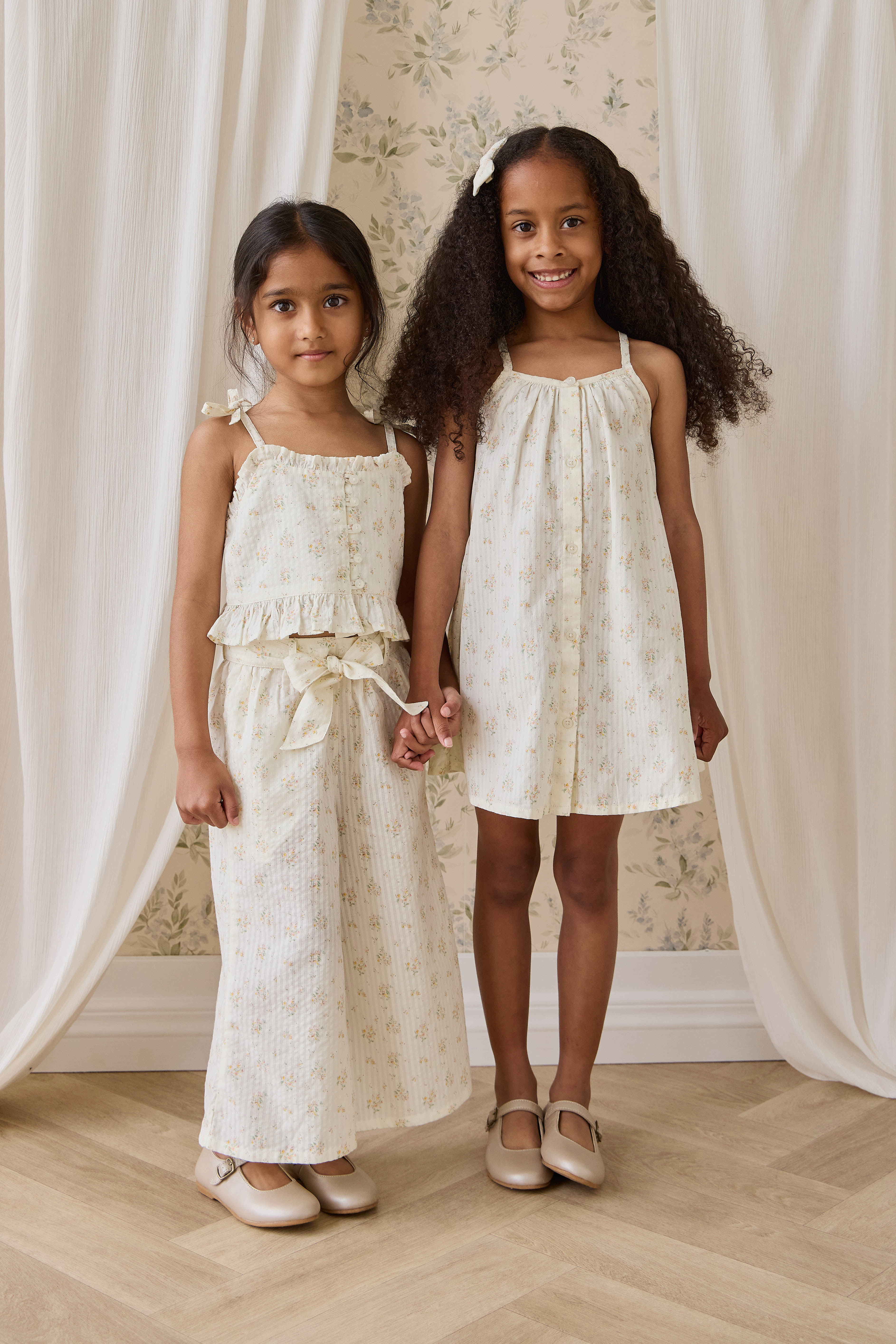 Pantalon large en coton biologique à imprimé floral parchemin romantique avec nœud à la taille pour filles de 6 mois à 10 ans