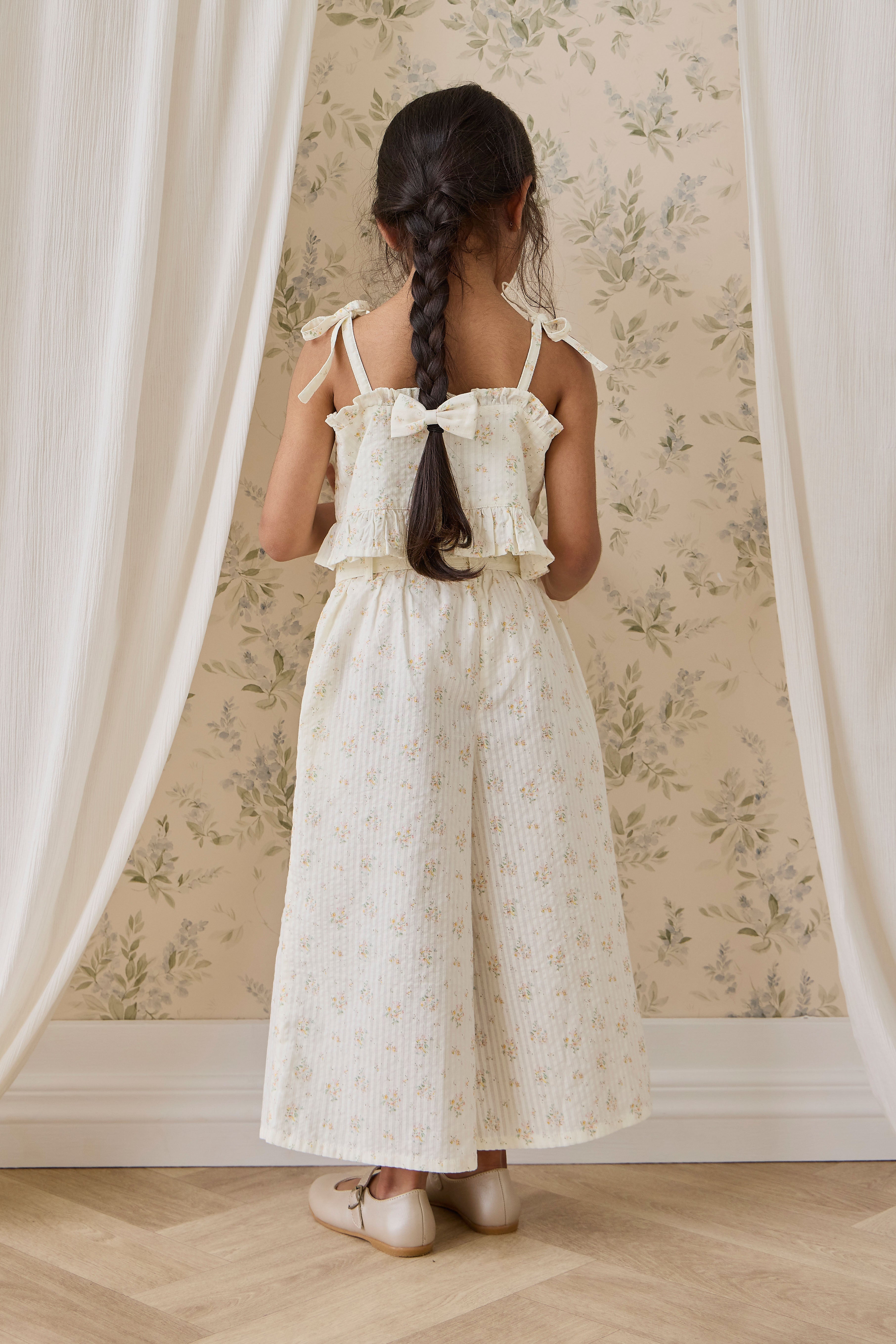 Pantalon large en coton biologique à imprimé floral parchemin romantique avec nœud à la taille pour filles de 6 mois à 10 ans