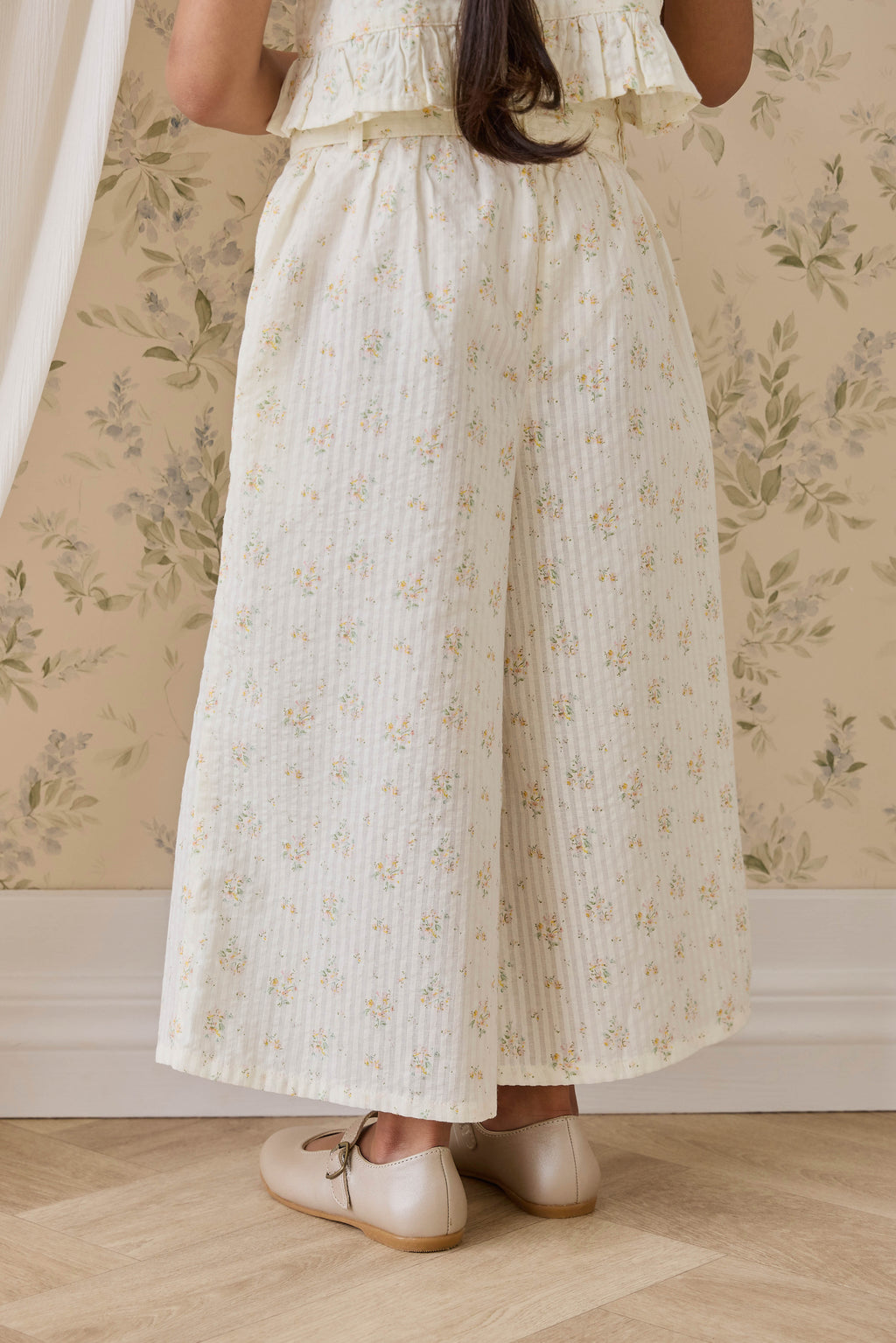 Pantalon large en coton biologique à imprimé floral parchemin romantique avec nœud à la taille pour filles de 6 mois à 10 ans