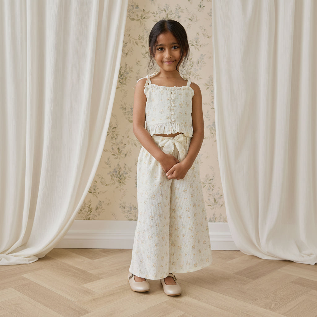 Pantalon large en coton biologique à imprimé floral parchemin romantique avec nœud à la taille pour filles de 6 mois à 10 ans
